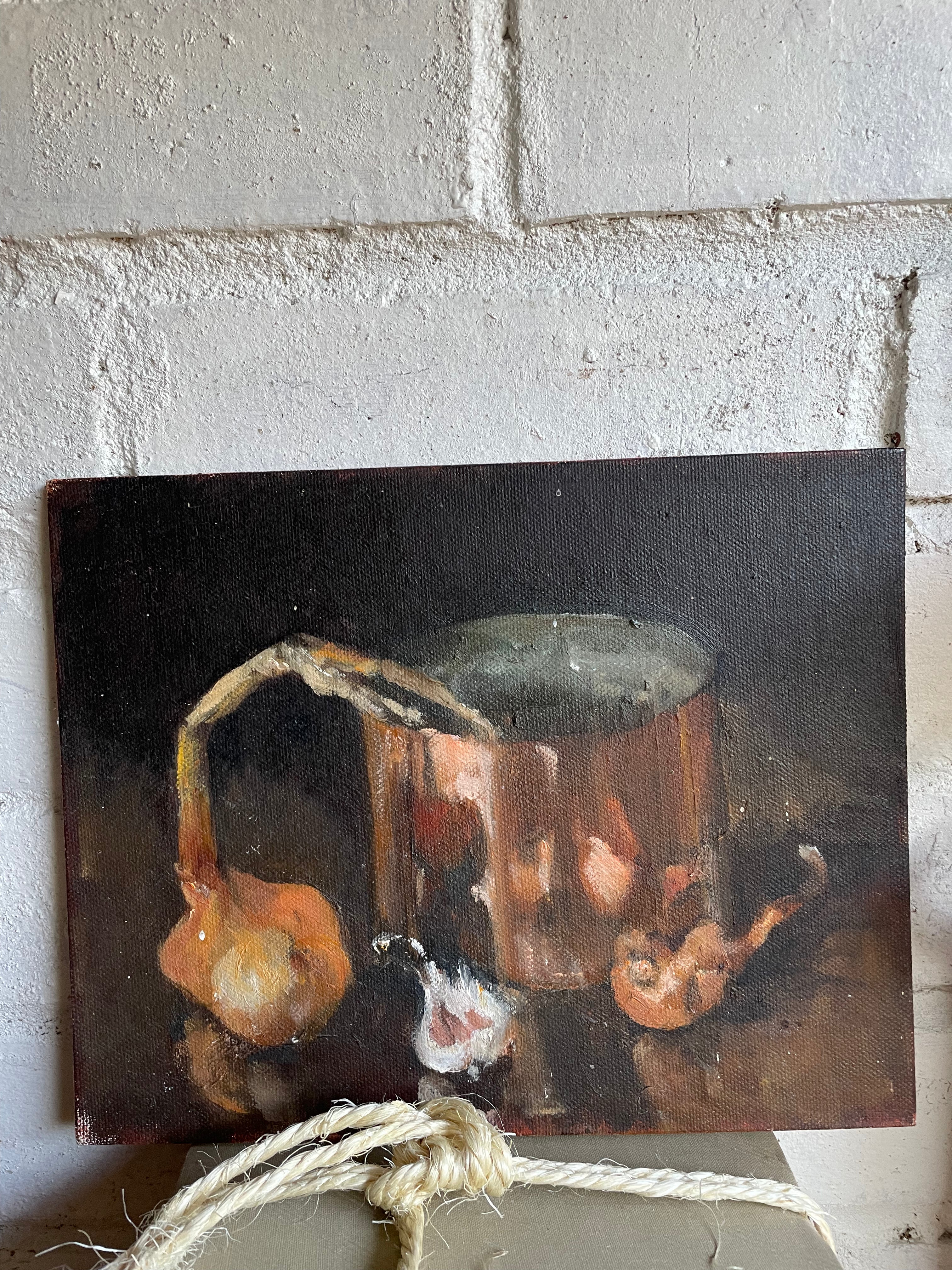 Moody Still Life with Copper Pot: Small Oil on Board