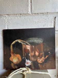 Moody Still Life with Copper Pot: Small Oil on Board