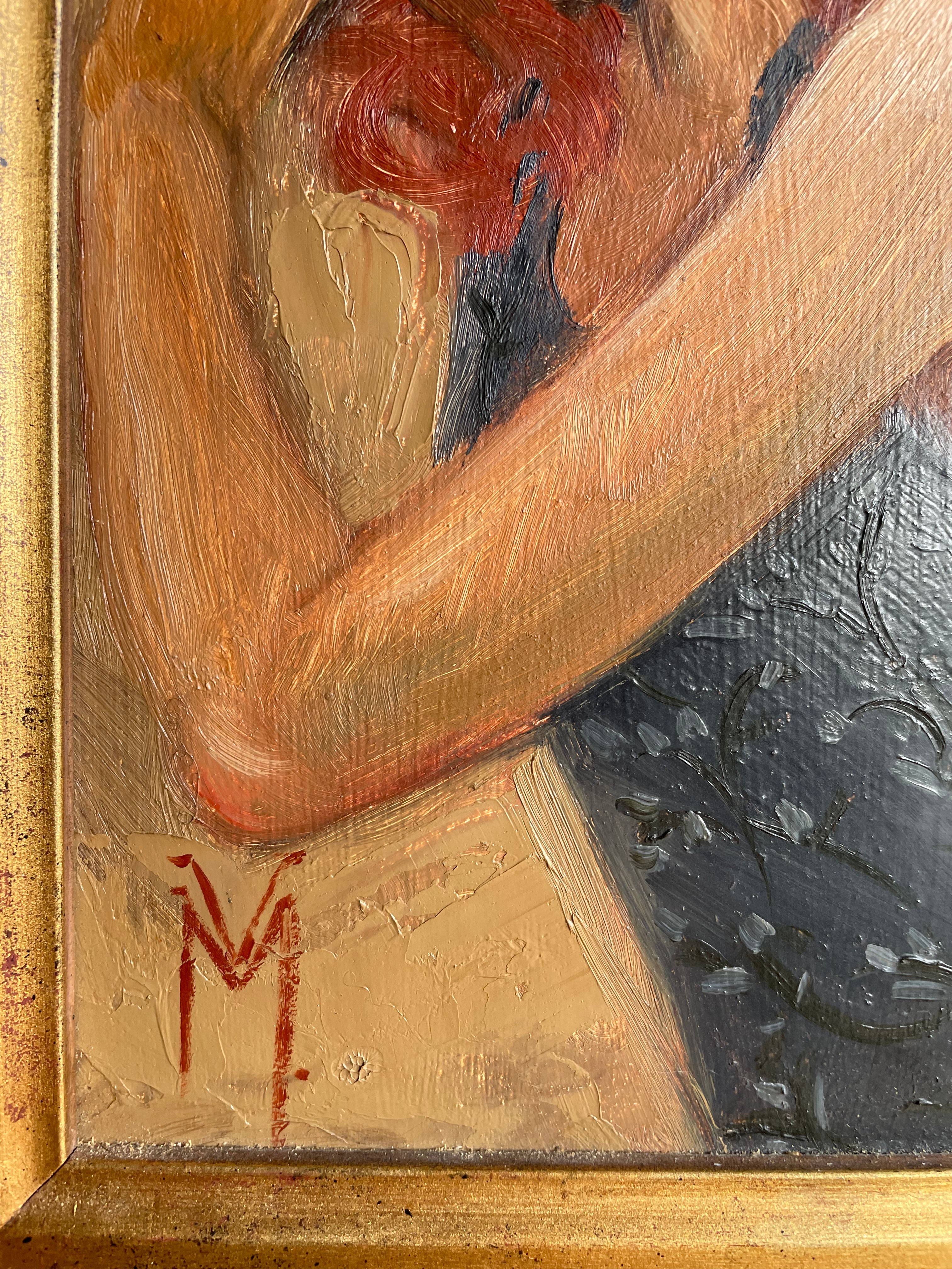 Lady with Red Hair: Midcentury Framed Oil on Board