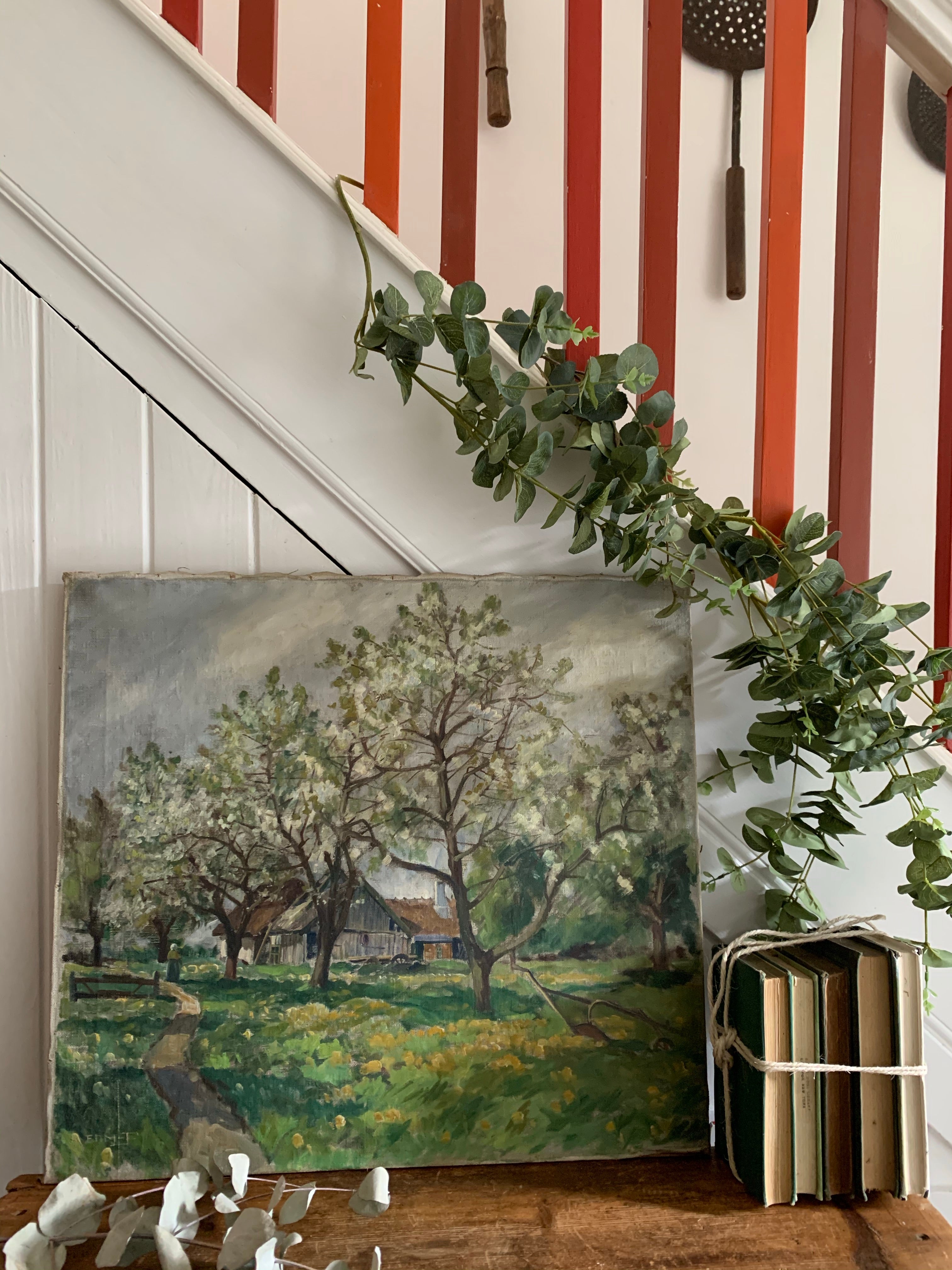 A glimpse of a cottage through the trees:  Large Oil on Canvas