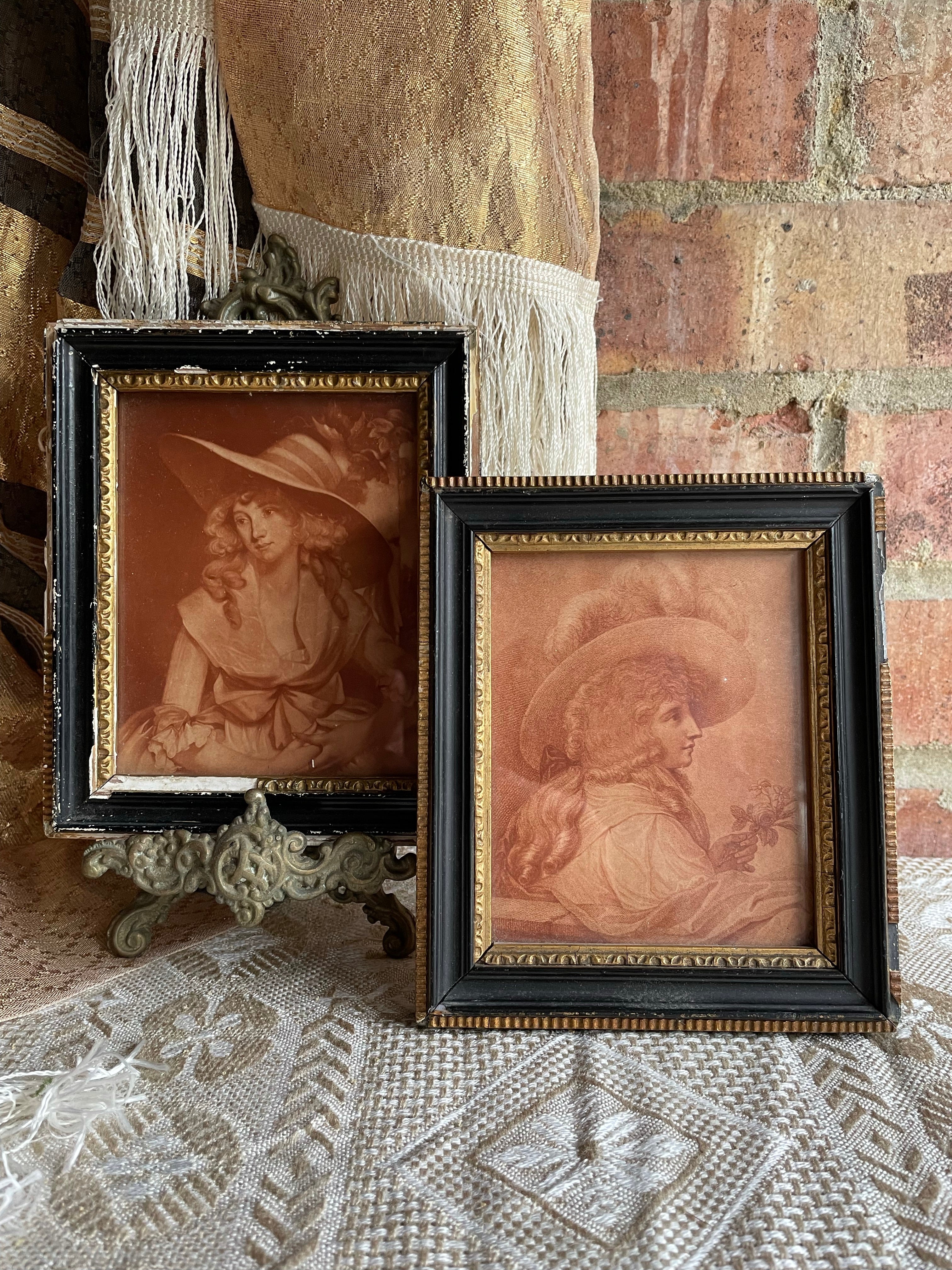 Pair of Tiny 18th Century Framed Mezzotint of Ladies in Hats