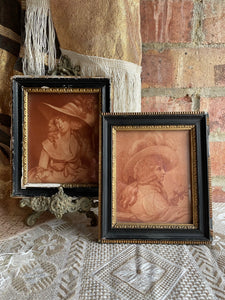 Pair of Tiny 18th Century Framed Mezzotint of Ladies in Hats