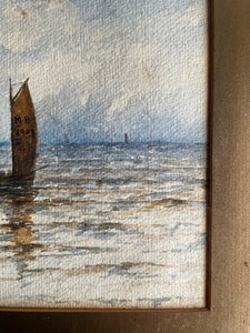 Small Antique Watercolour of a Boat at Sea