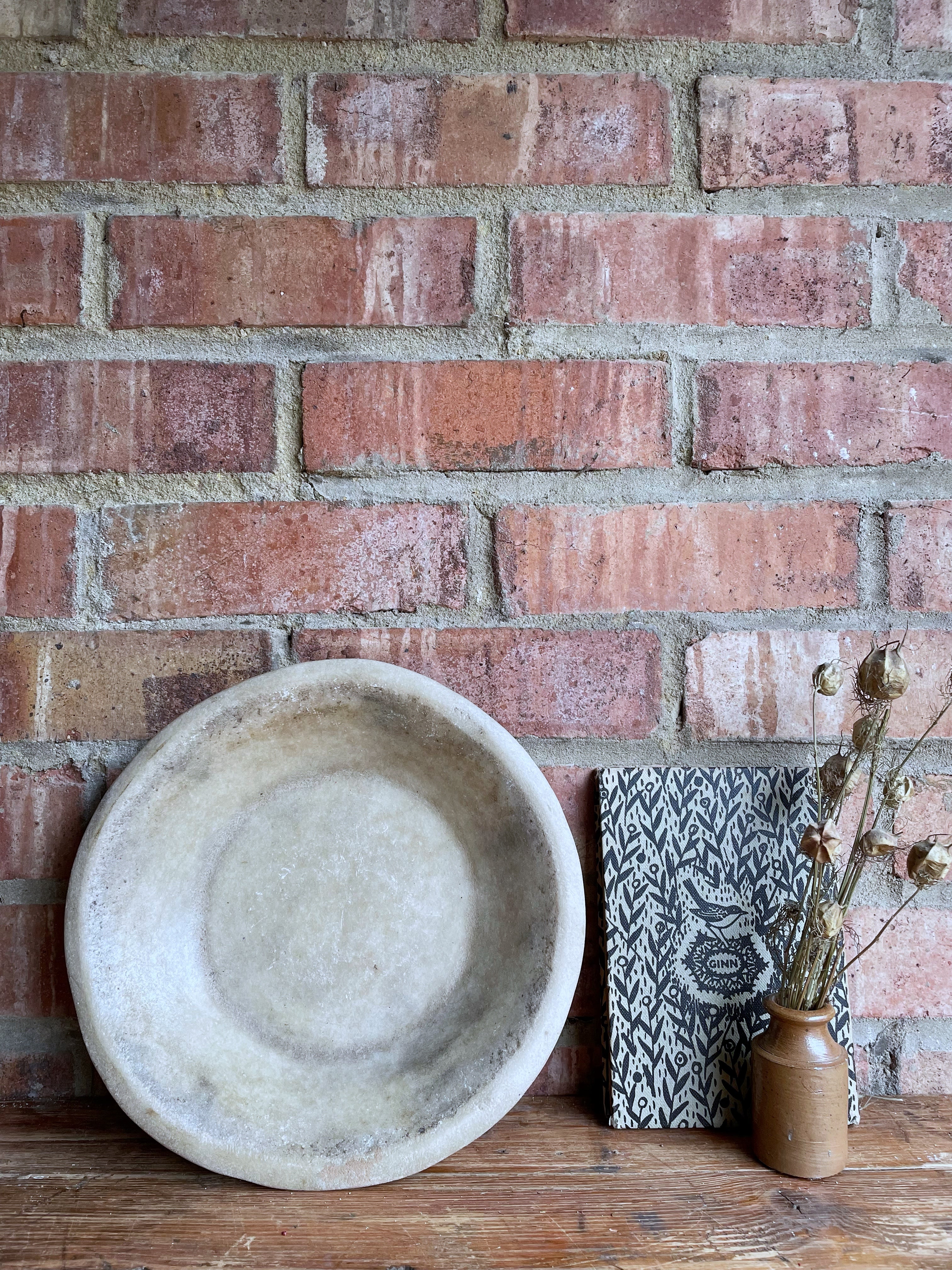 Antique Marble Stone Bowl: Beige Hues