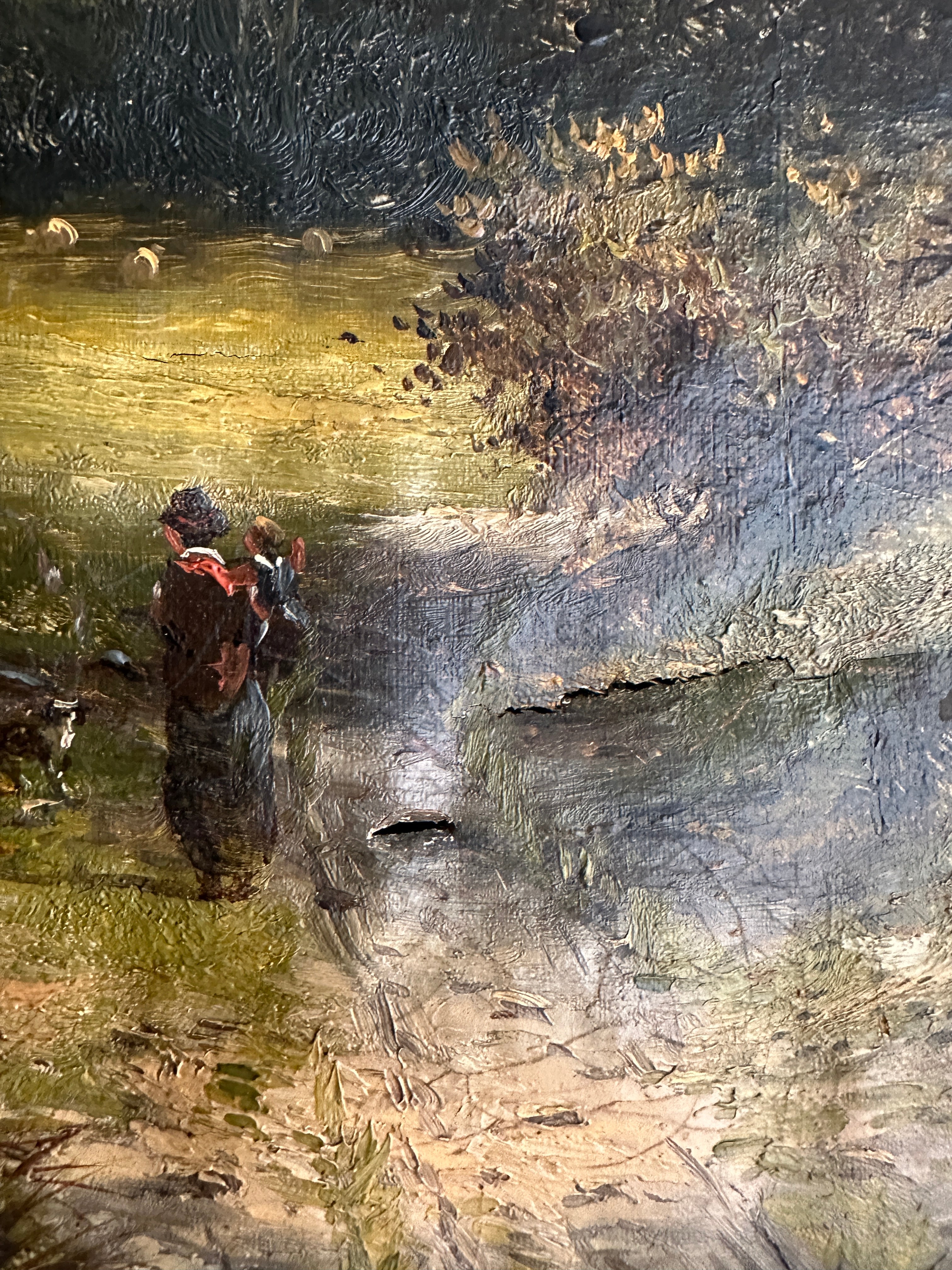 19th Century Landscape with Woman & Dog: Unframed Oil on Canvas