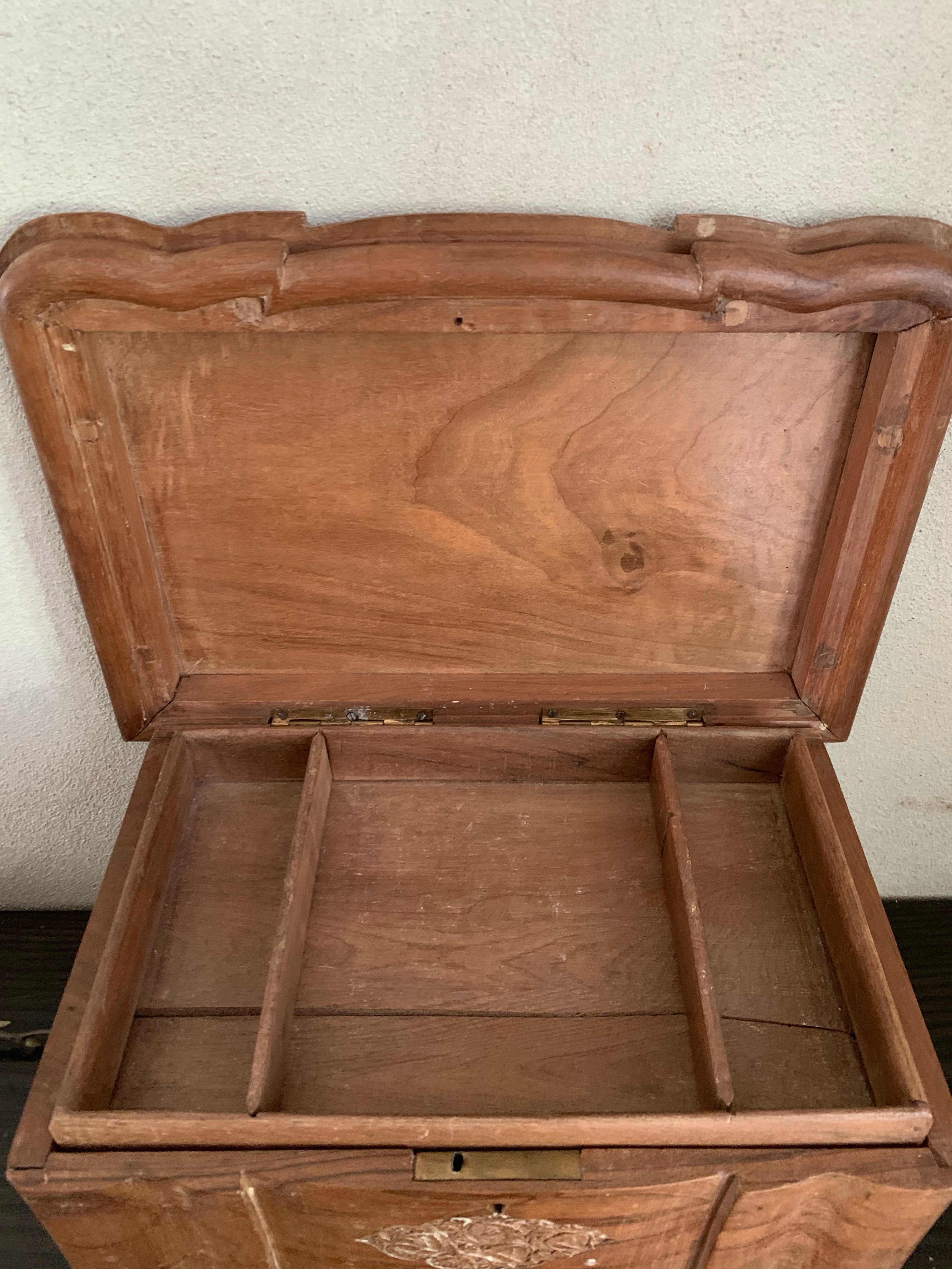 Old Carved Wooden Box with Drawers and decorative motifs