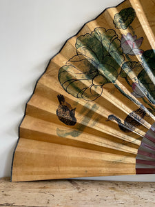 Large Vintage Chinese Handpainted Silk Fan for Wall Decor