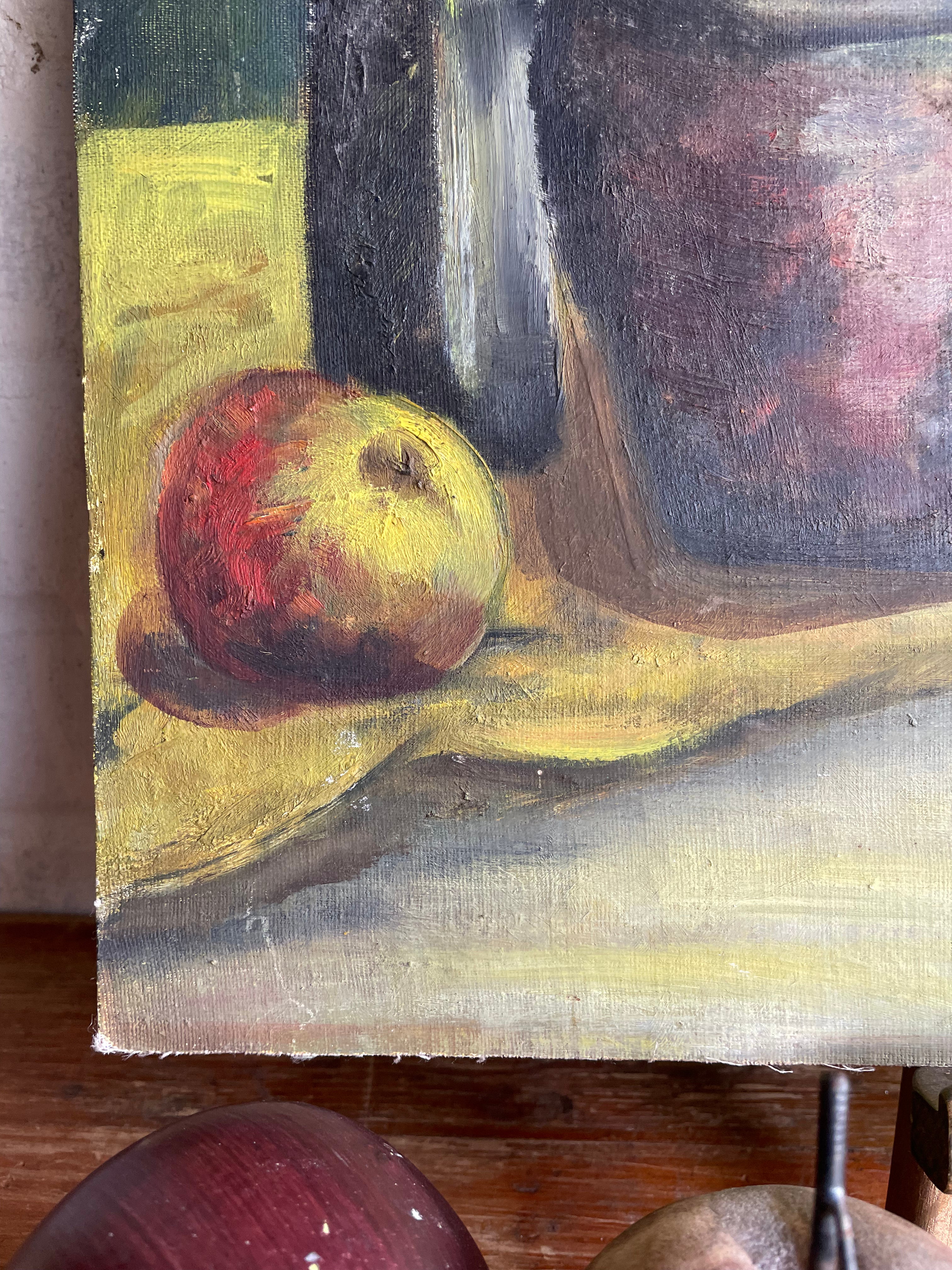 Still life with apples: Oil on Hessian and Board