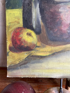 Still life with apples: Oil on Hessian and Board