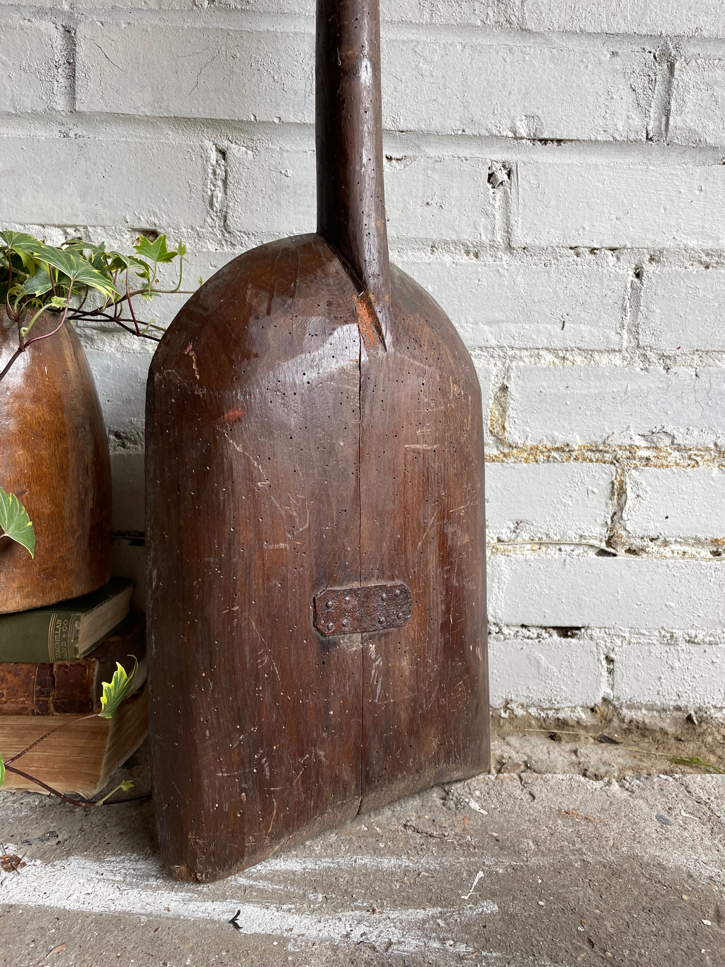 Large Antique Handcarved Malt Shovel with Iron Detail