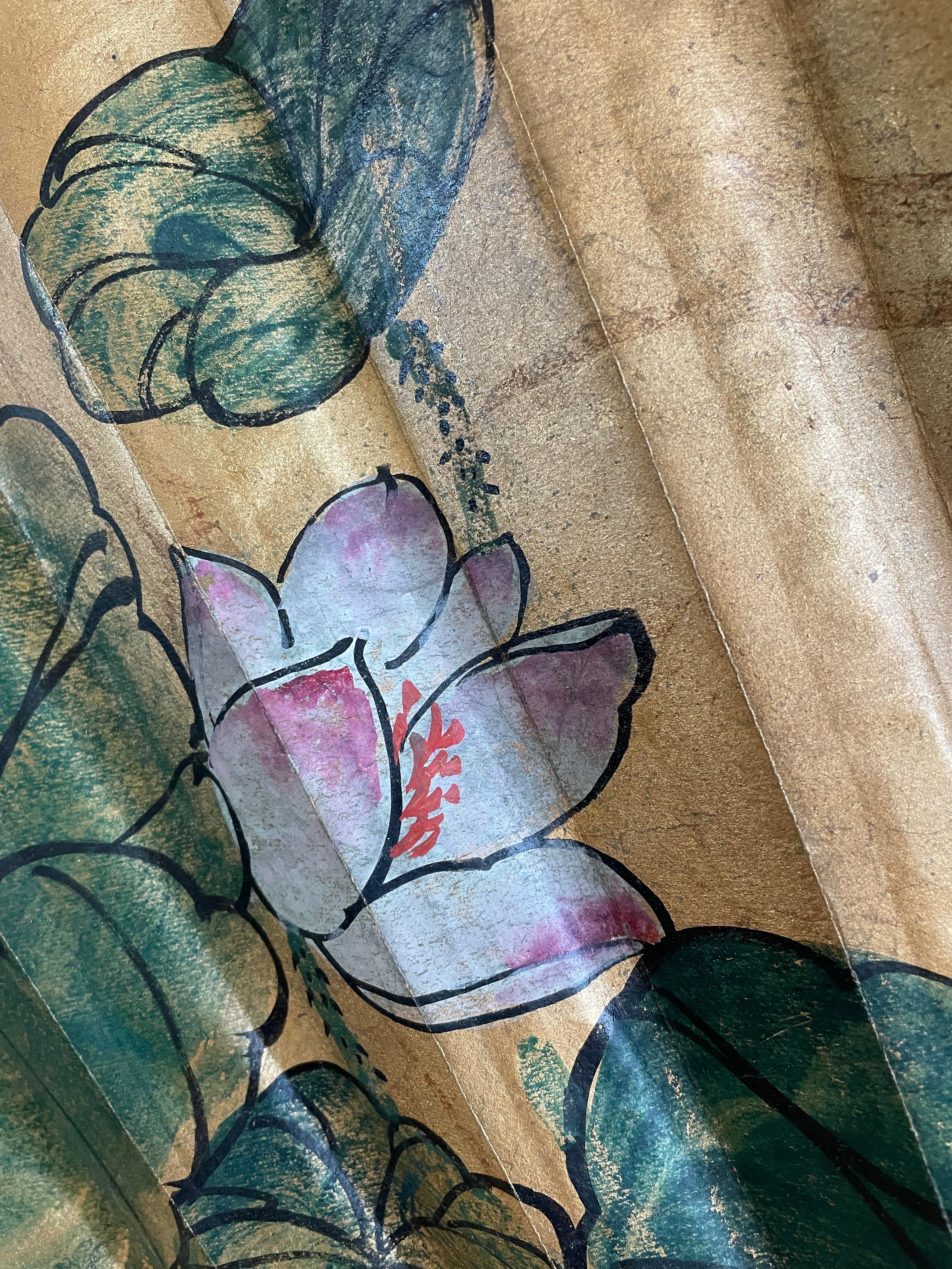 Large Vintage Chinese Handpainted Silk Fan for Wall Decor