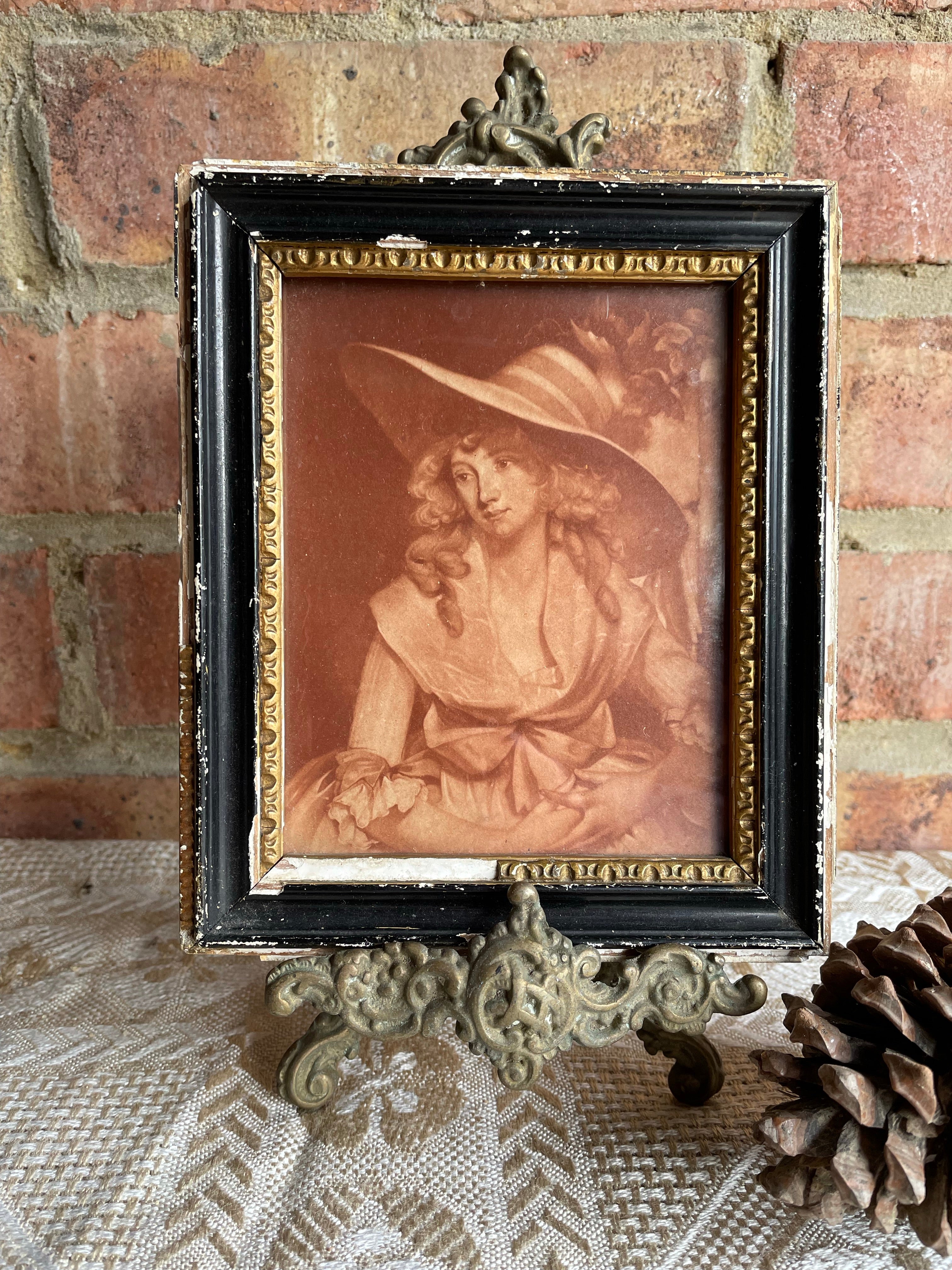 Pair of Tiny 18th Century Framed Mezzotint of Ladies in Hats
