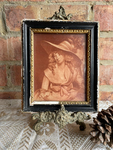 Pair of Tiny 18th Century Framed Mezzotint of Ladies in Hats