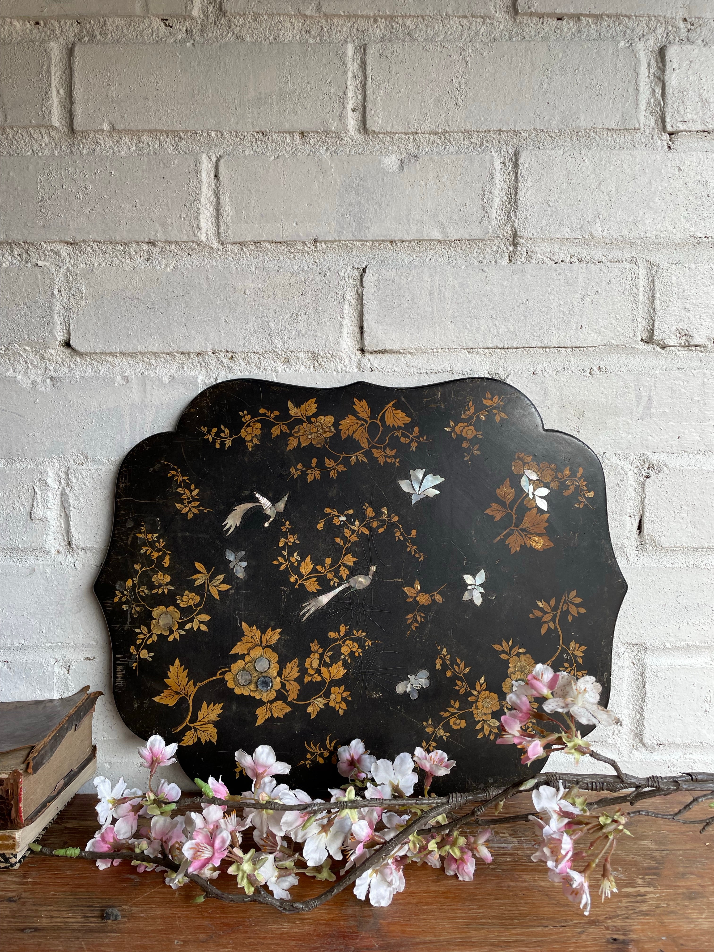 Antique Chinoiserie Panel with Mother of Pearl birds and gold leaf foliage