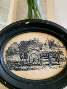 Miniature Oval Etching: Horse & Carriage