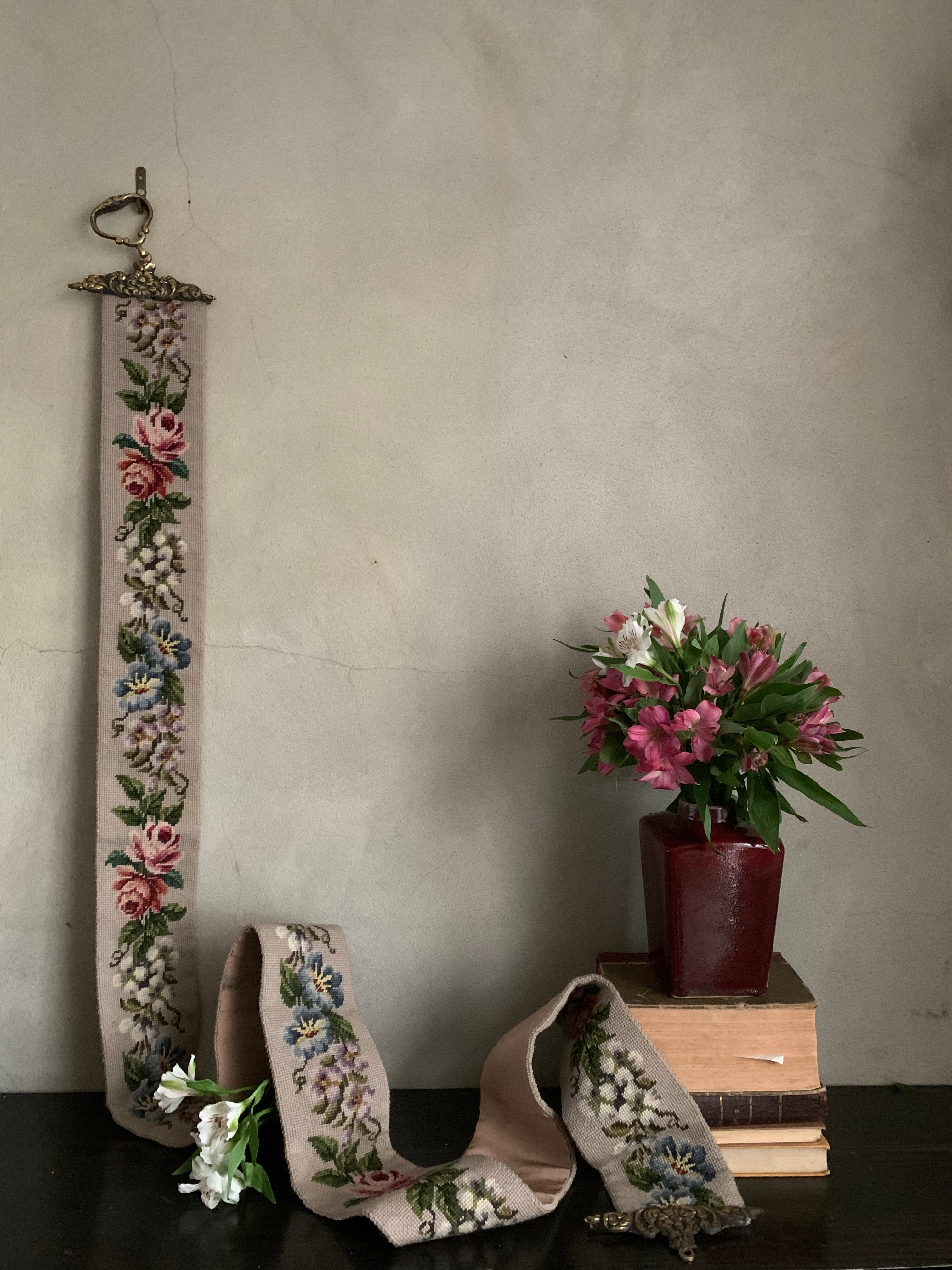Very Long Antique Tapestry Wall Hanging/Bell Pull with Gilt Ends