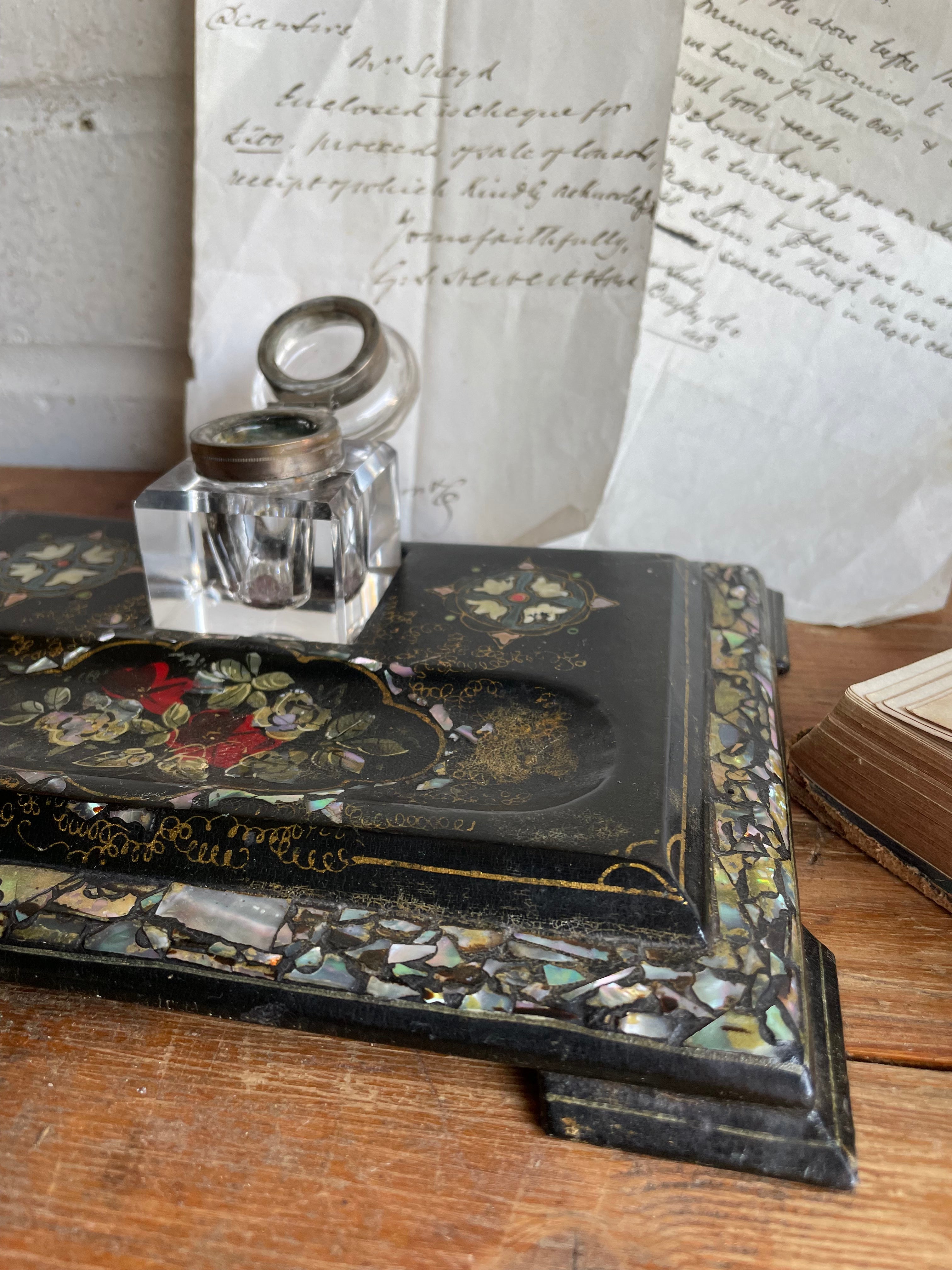 Victorian Ink Well with Mother of Pearl Inlay