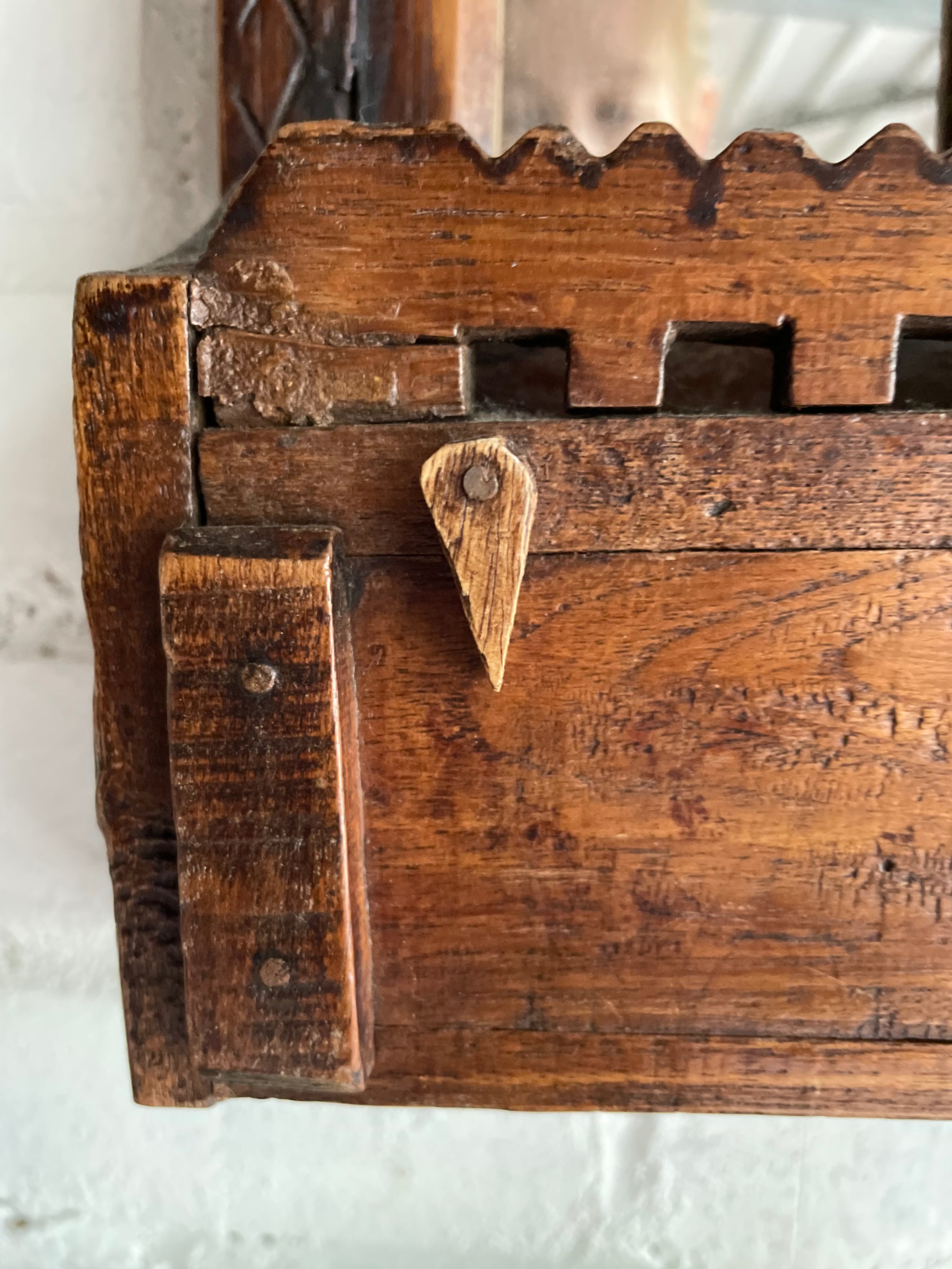 Old Handcarved Wall Mirror with a Little Shelf and Storage Compartment
