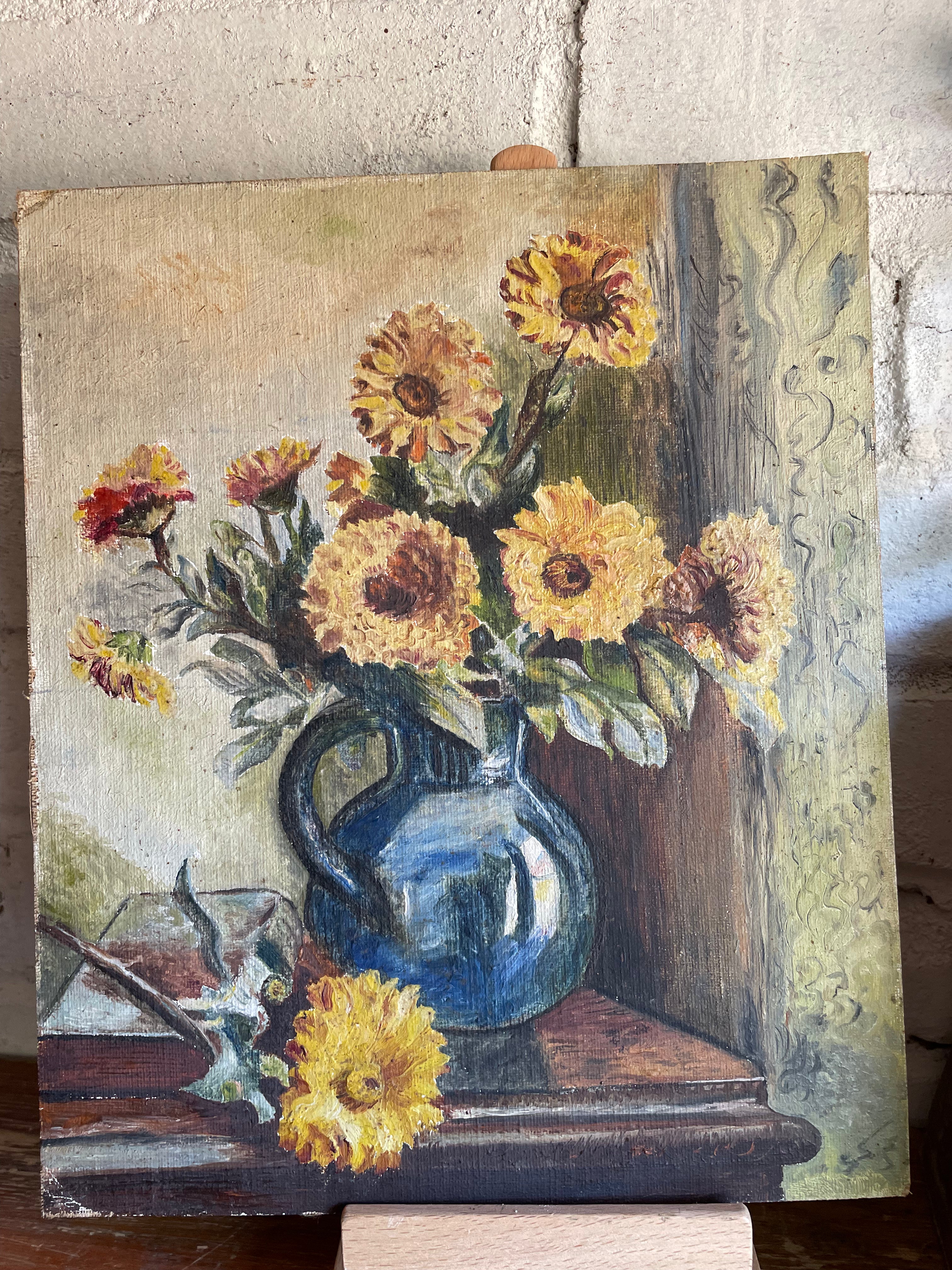 Floral Still Life: Small Oil on Paper on Board