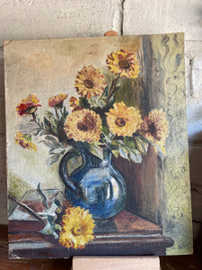 Floral Still Life: Small Oil on Paper on Board