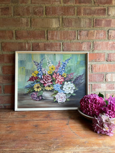 Mid Century Floral Oil on Board with Cream Wood Frame