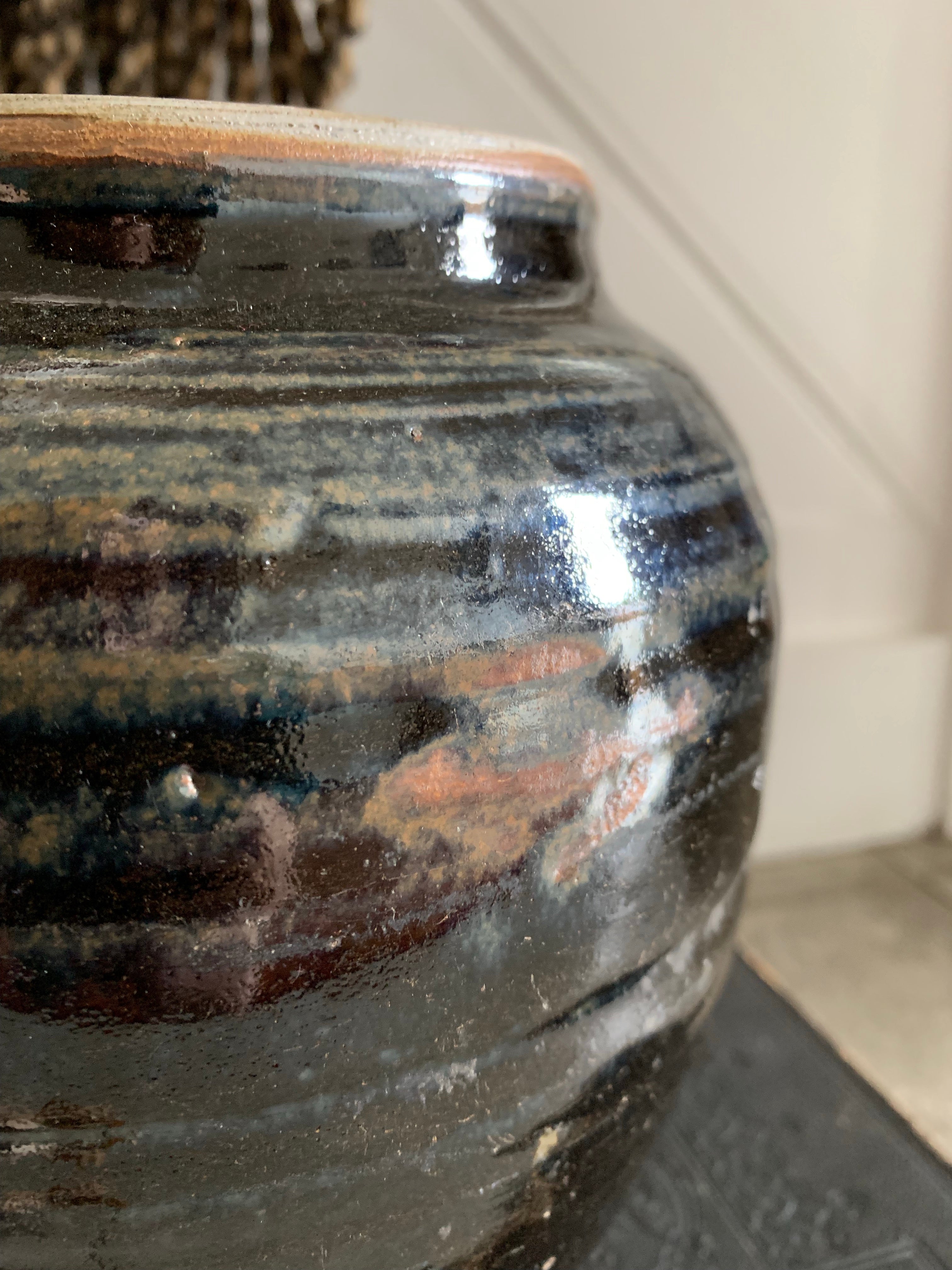 Large Handmade Black Glazed Chinese Pottery Jar