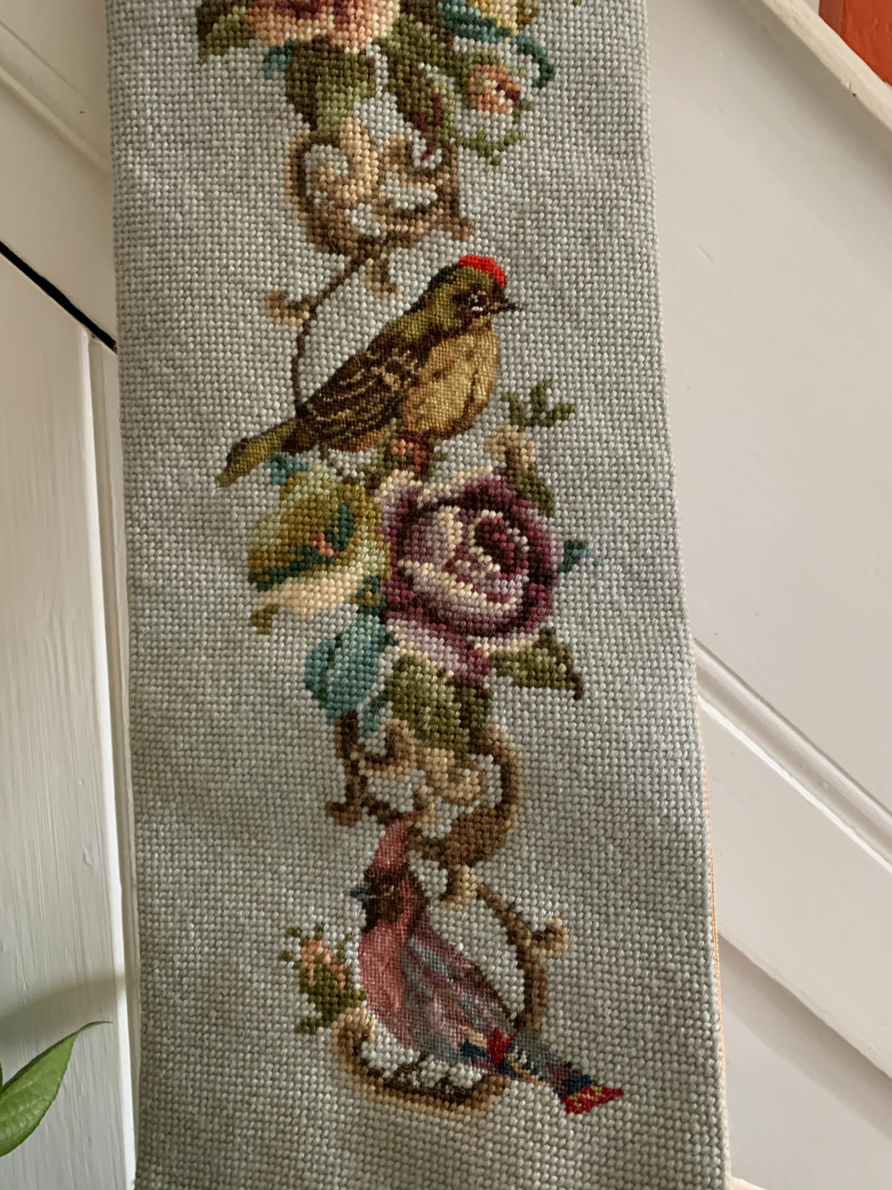 Tapestry Wall Hanging of Birds & Flowers with Decorative Gilt Ends