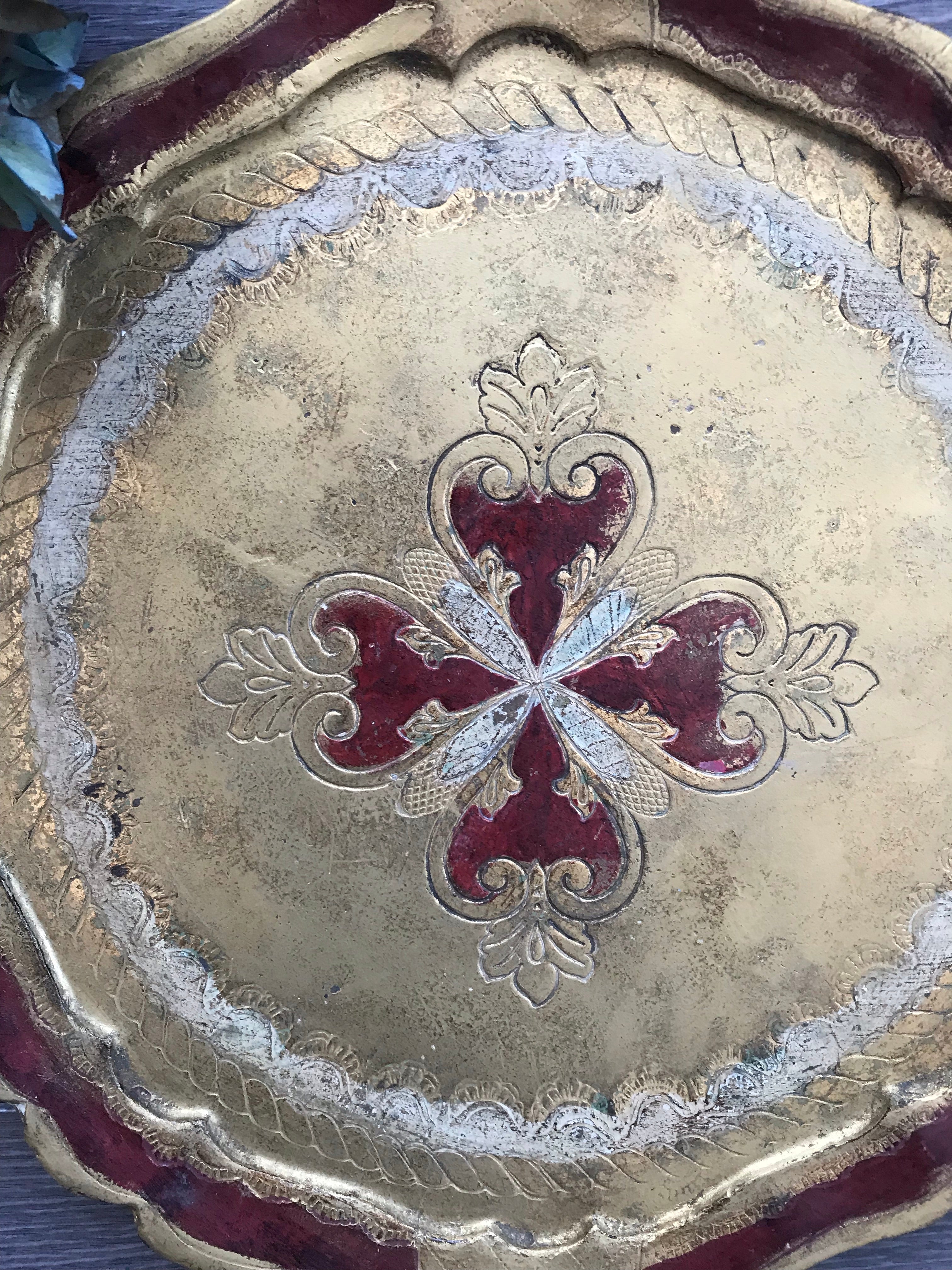Red and Gold Florentine Vintage Gilt Tray