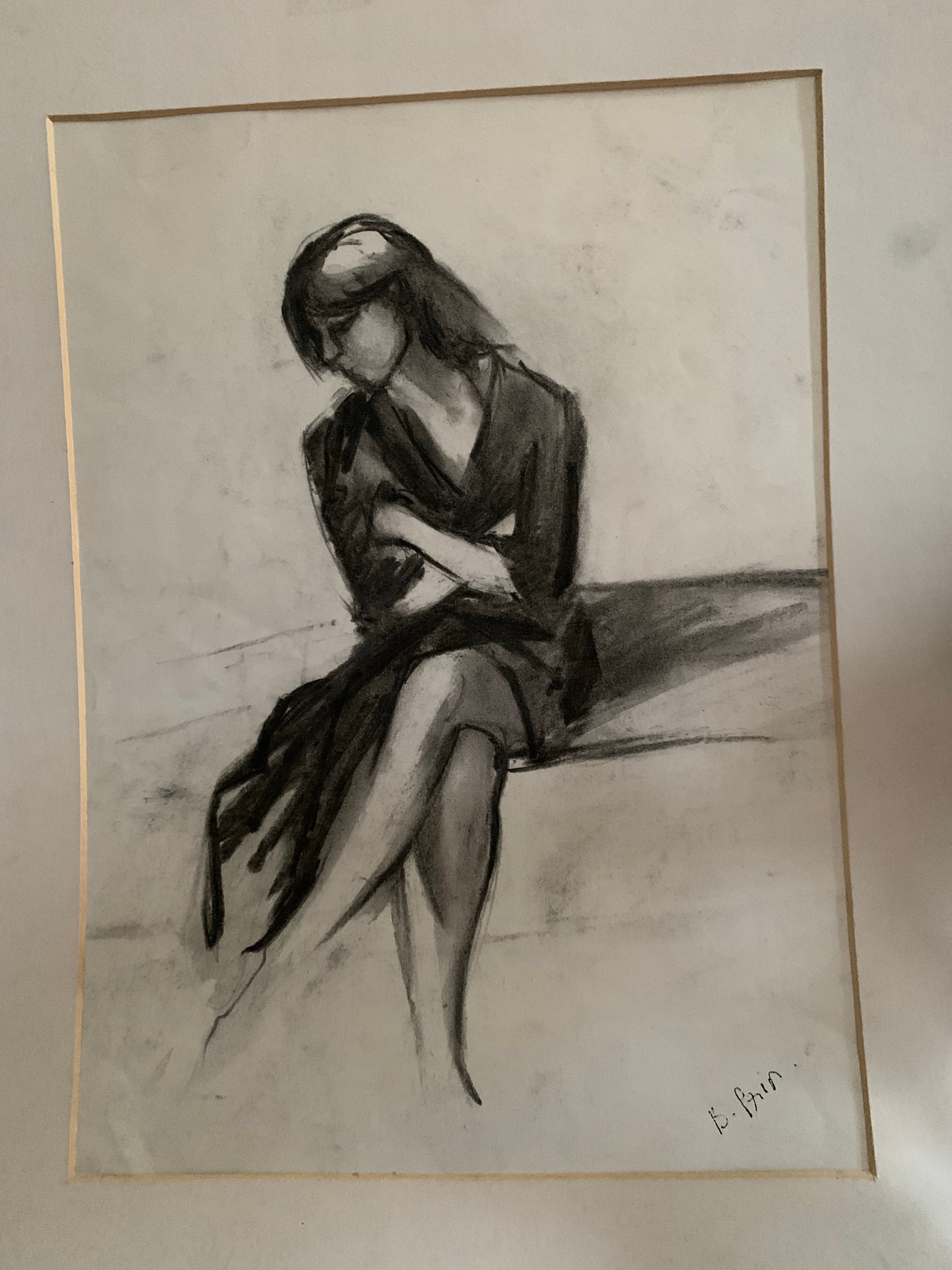 Original Charcoal Portrait - Woman with crossed arms & legs