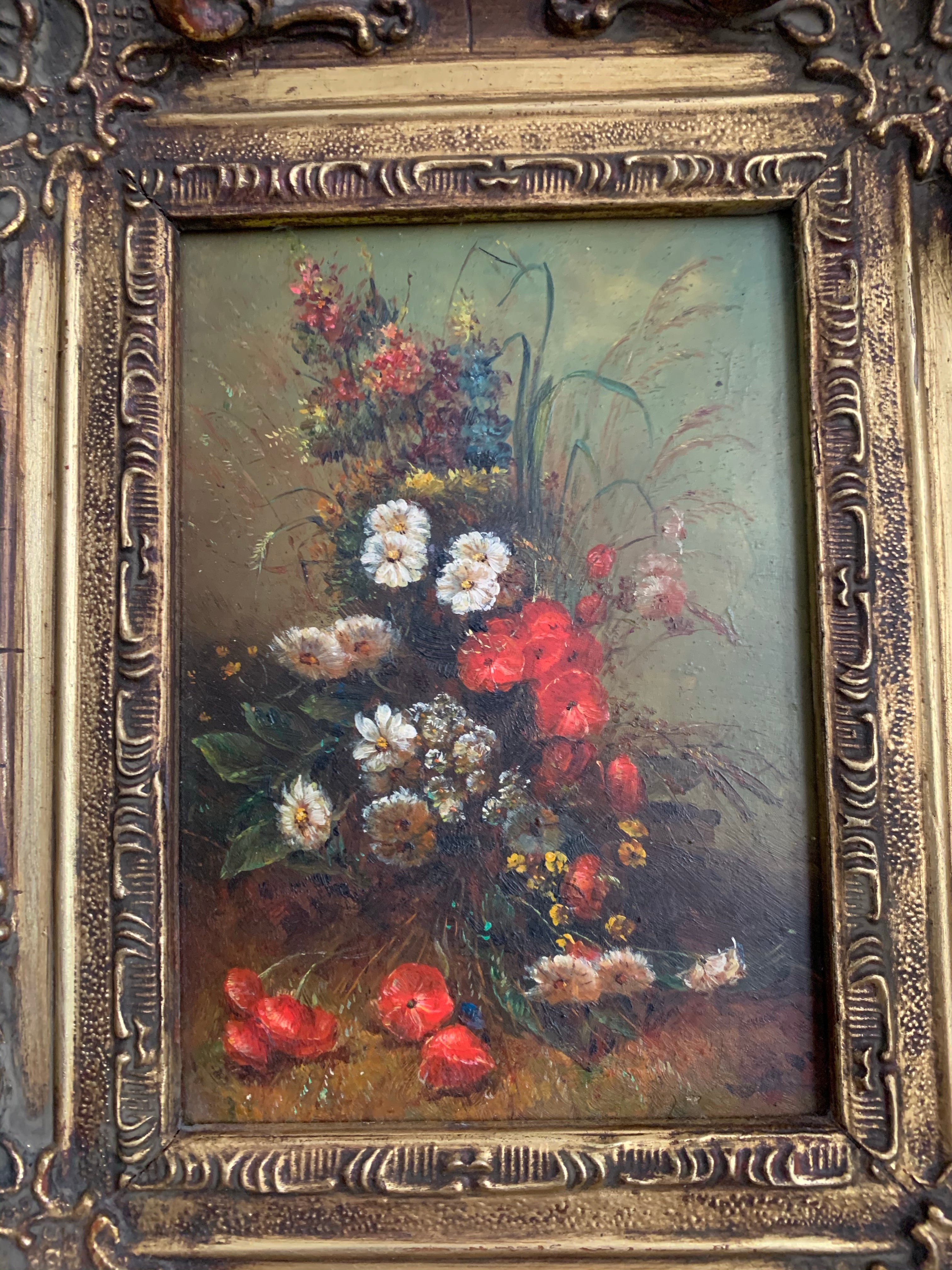 Red Burst: Small Floral Oil in Gesso Frame