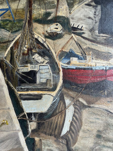 Boats and Bridge: Midcentury Oil on Board
