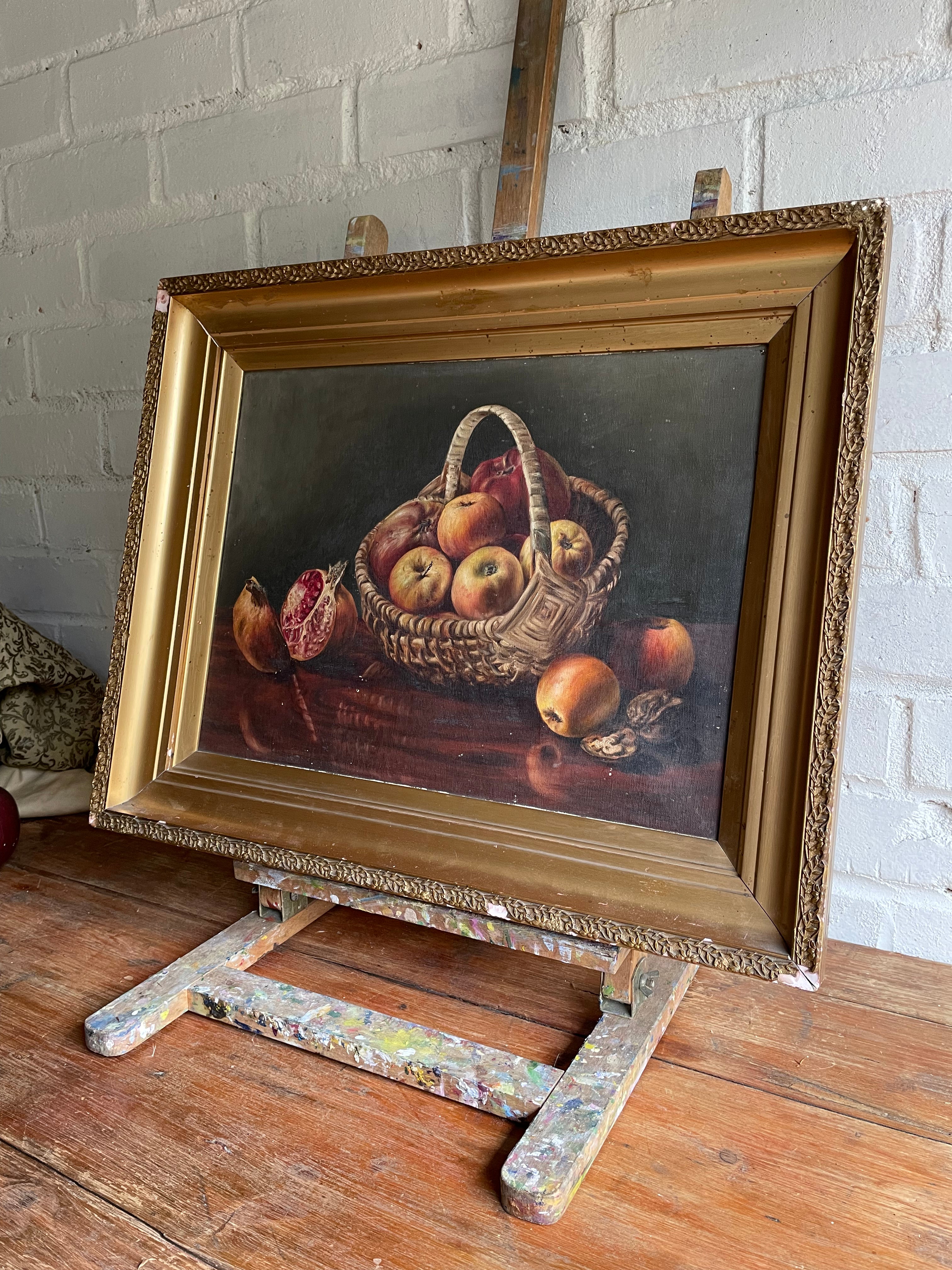 Still Life of Apples and Pomegranates: Oil on Canvas with Gilt Frame
