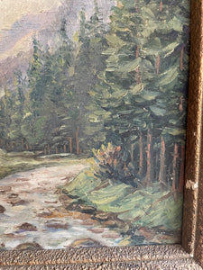 A Welsh Stream: Small Antique Signed Oil on Wood