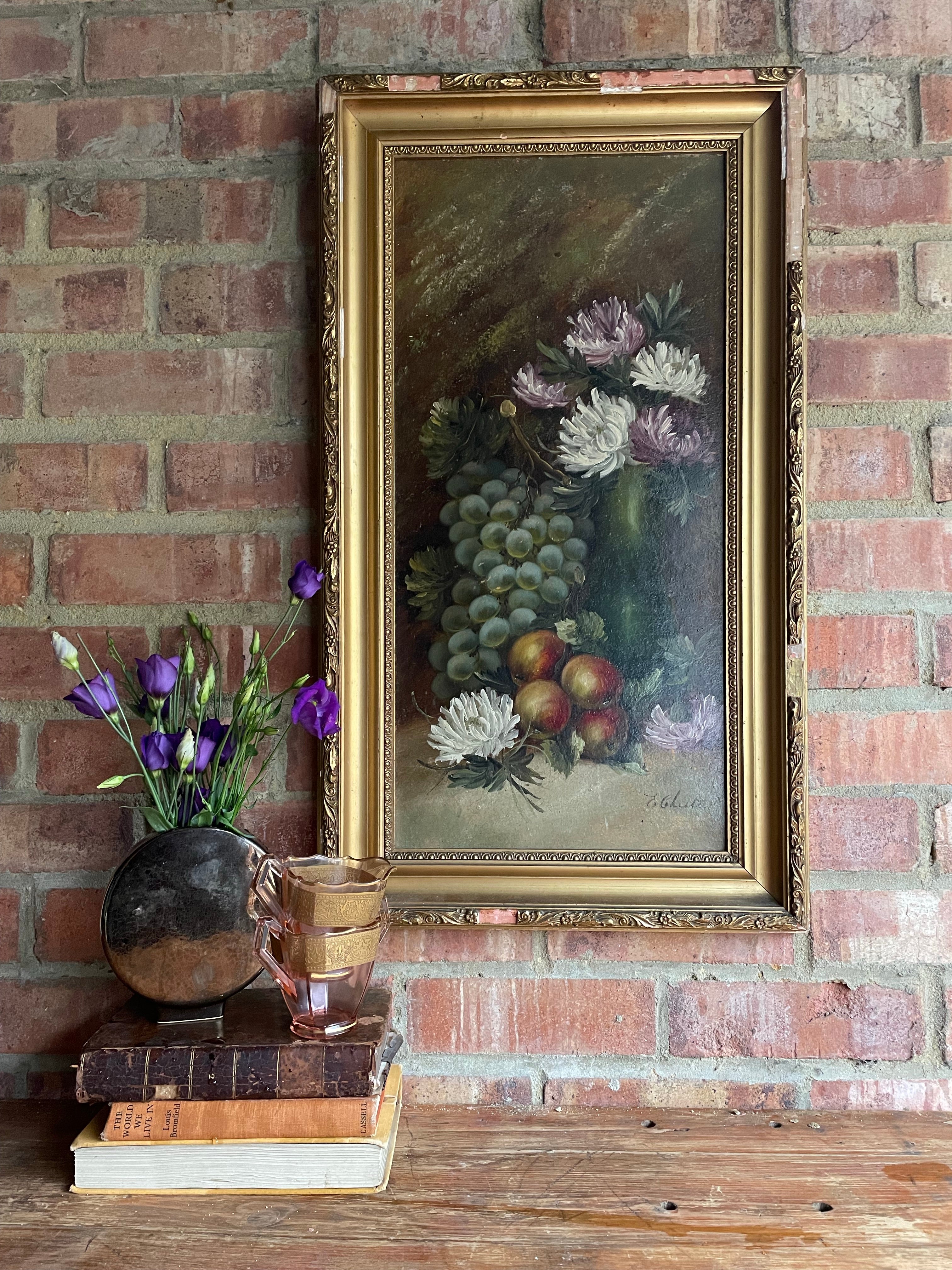 Vintage Floral & Fruit Still Life:  Oil on Board