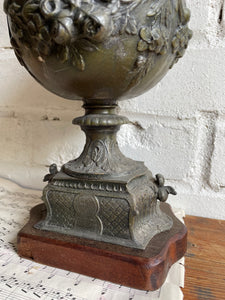 Antique Metal Urn with Wood Base