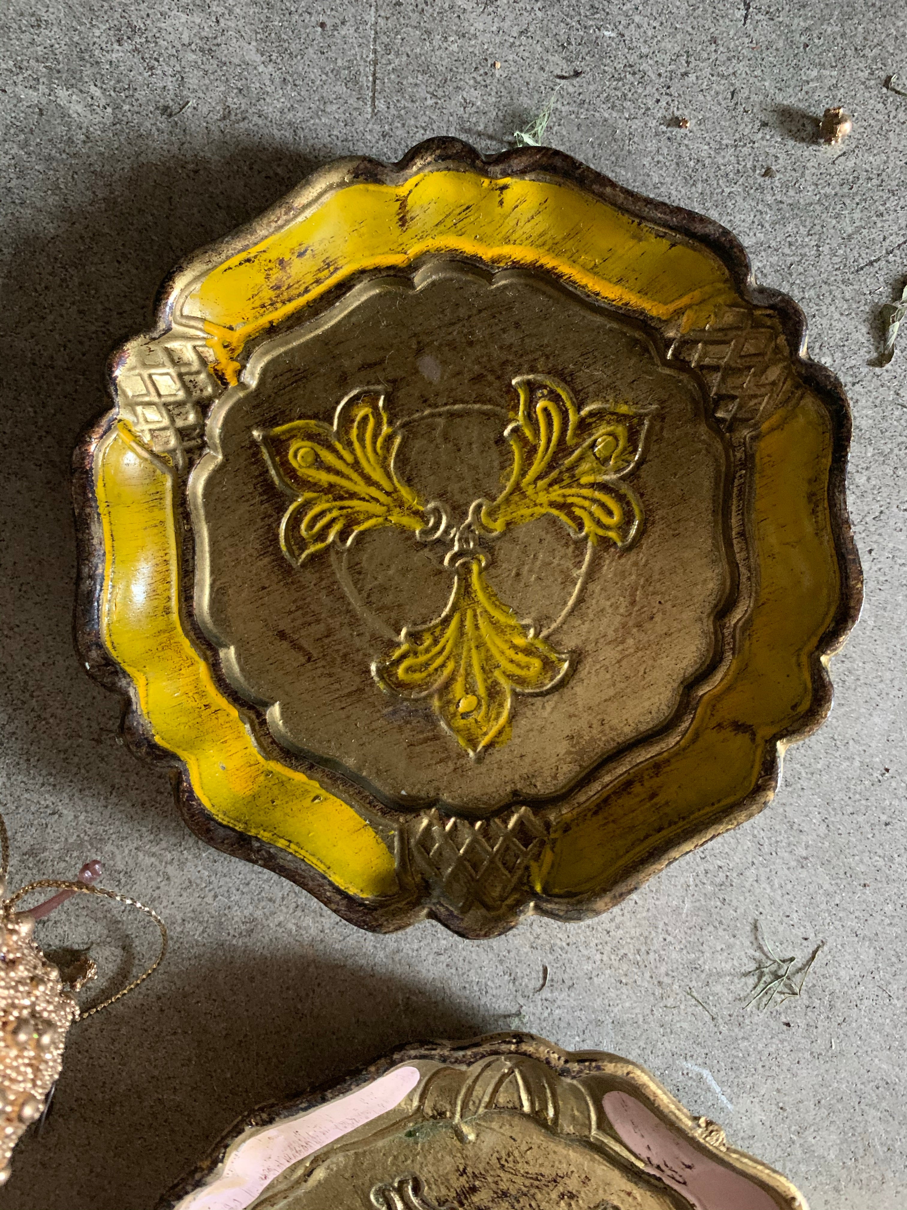 Set of Two Vintage Italian Florentine Coasters - Pink & Yellow