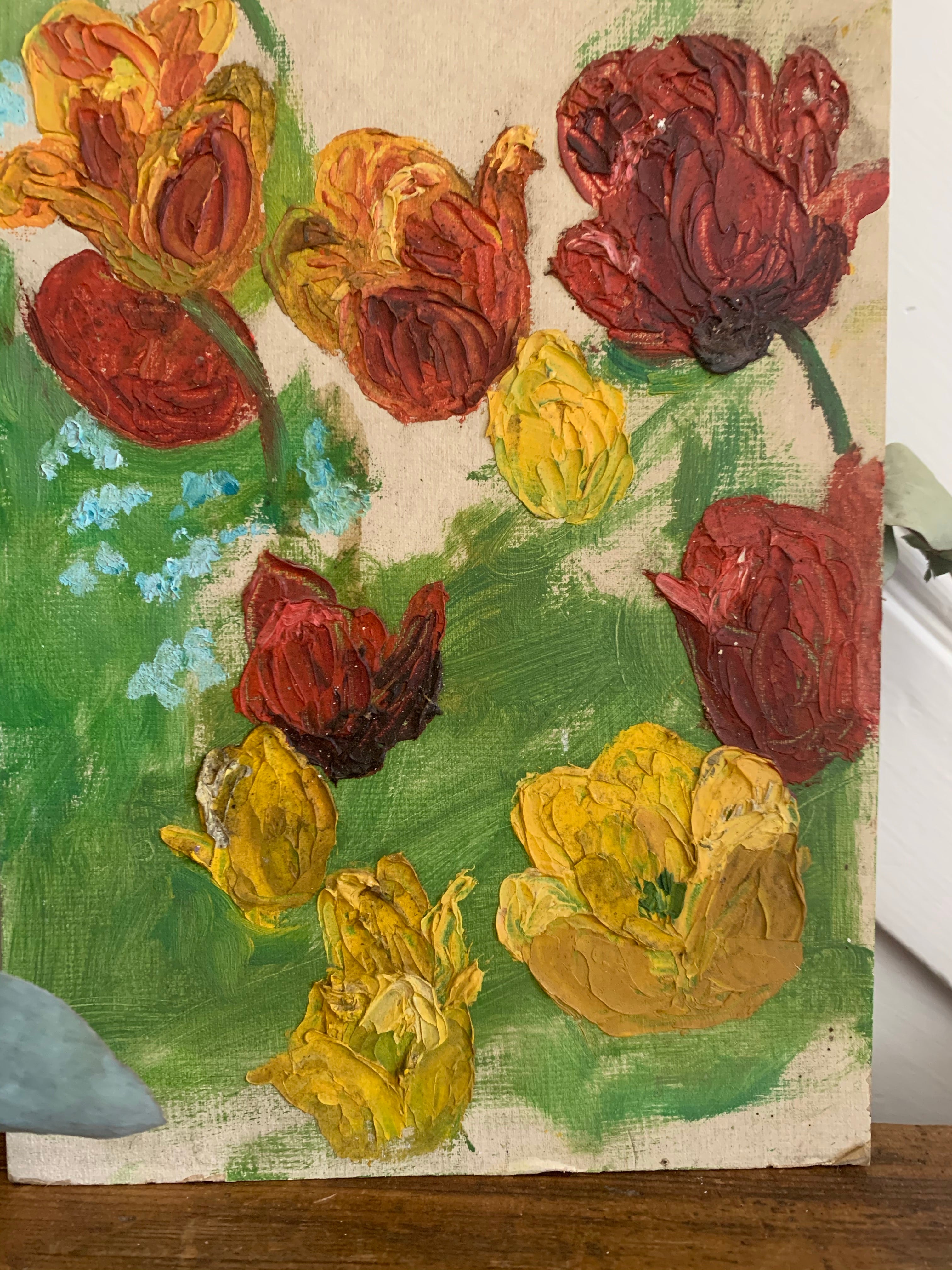 Red & Yellow Floral Burst: Narrow Vintage Oil on Board