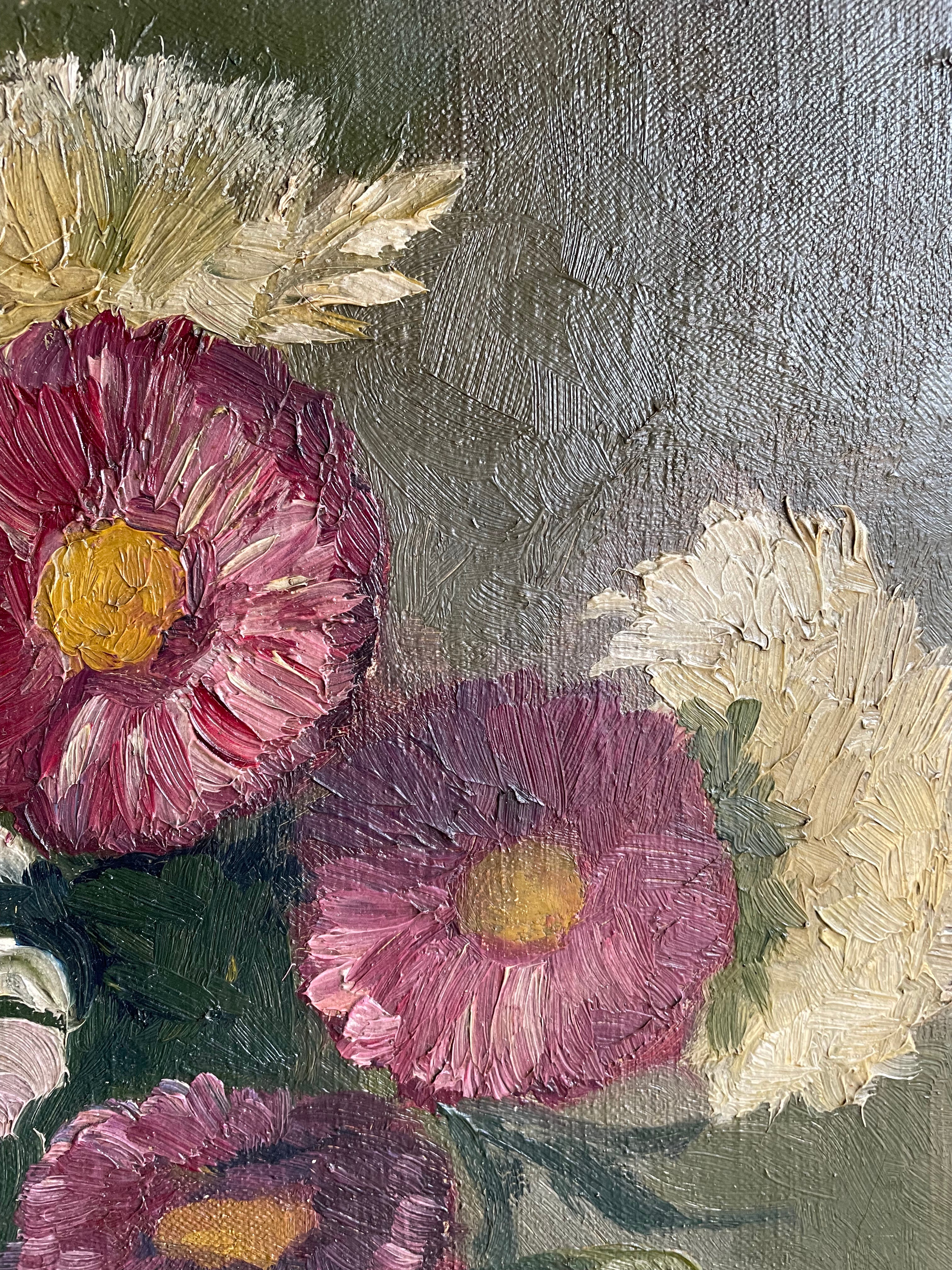 Antique Belgian Floral Still Life: Oil on Canvas