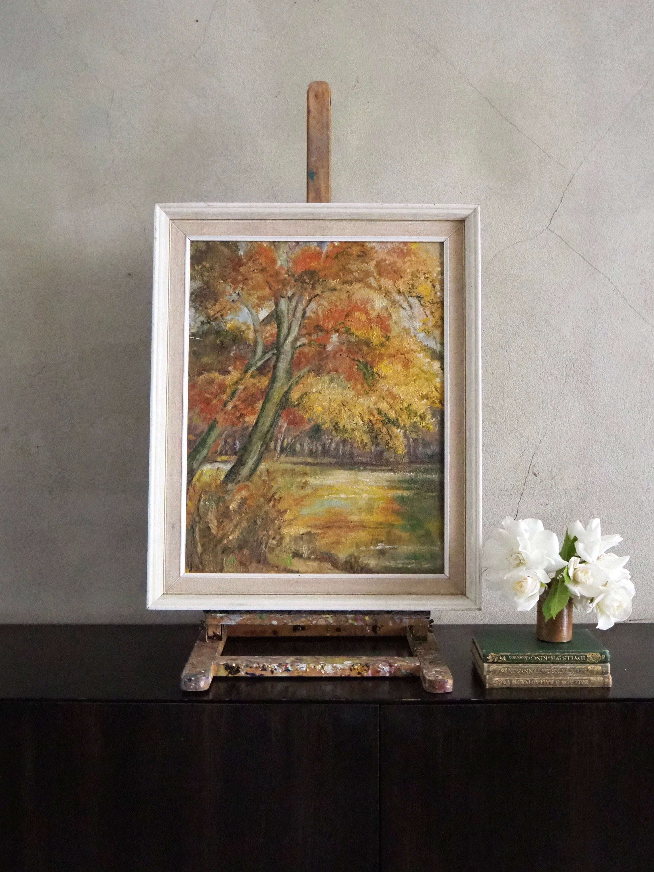 Ochre Treescape: Midcentury Oil on Board