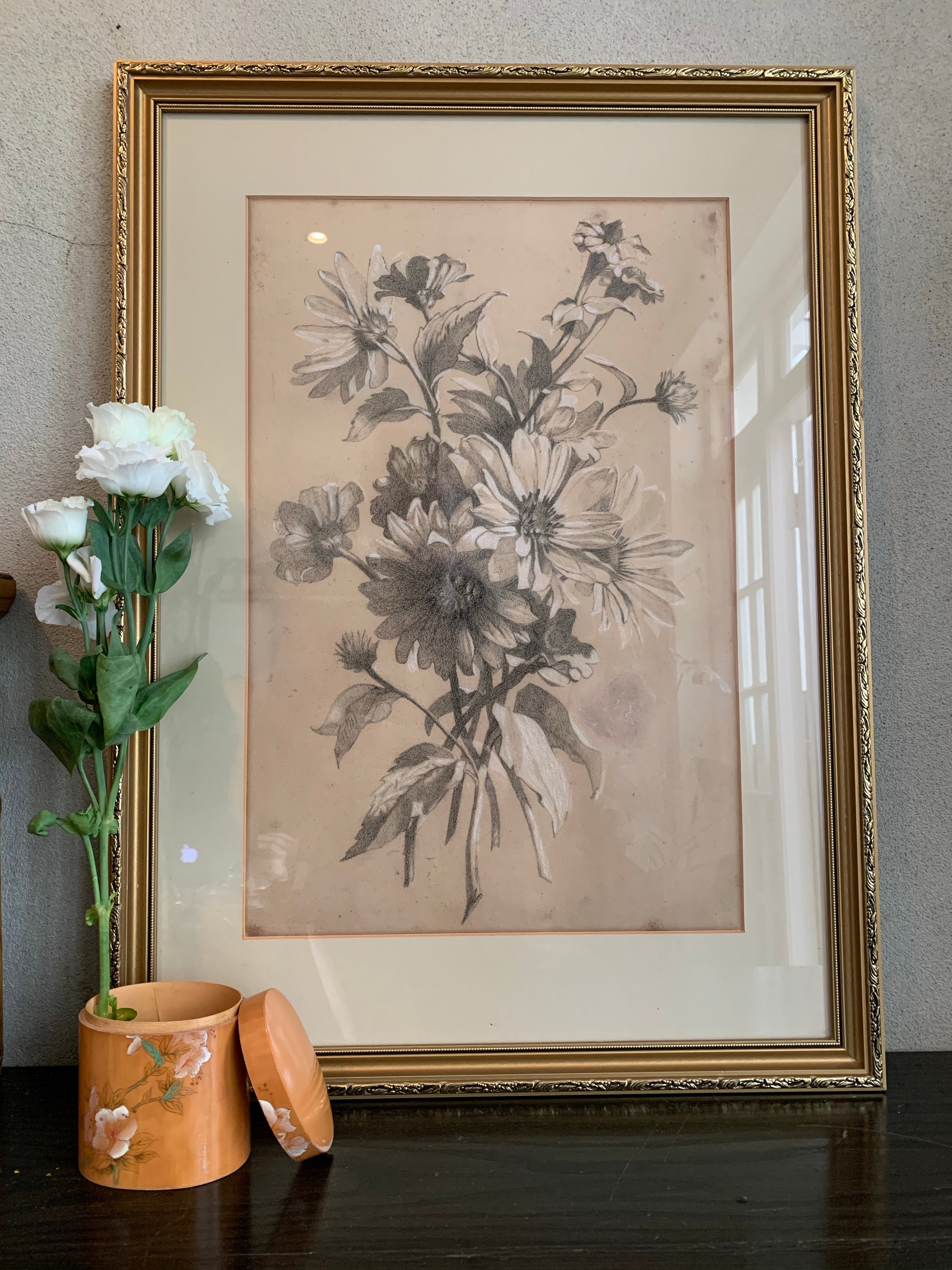 Antique Pencil Drawing of Botanical Flowers