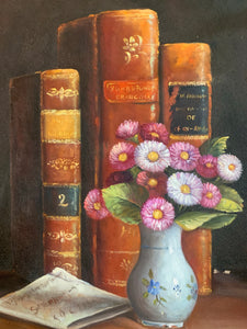 Still-Life with Leather Books: Large Framed Oil Painting