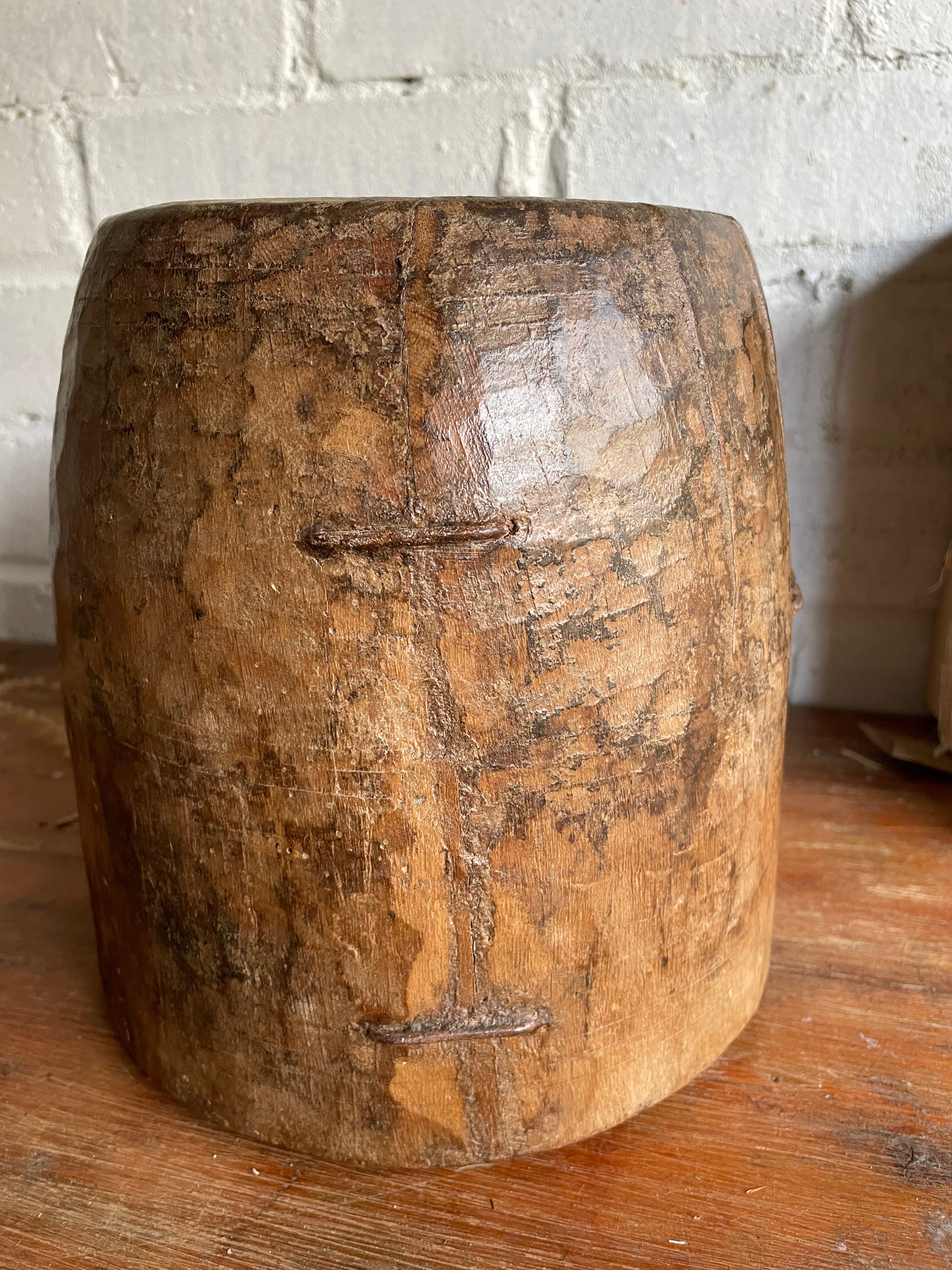 19th Century Indian Hand-Carved Wood Grain Measure Pot