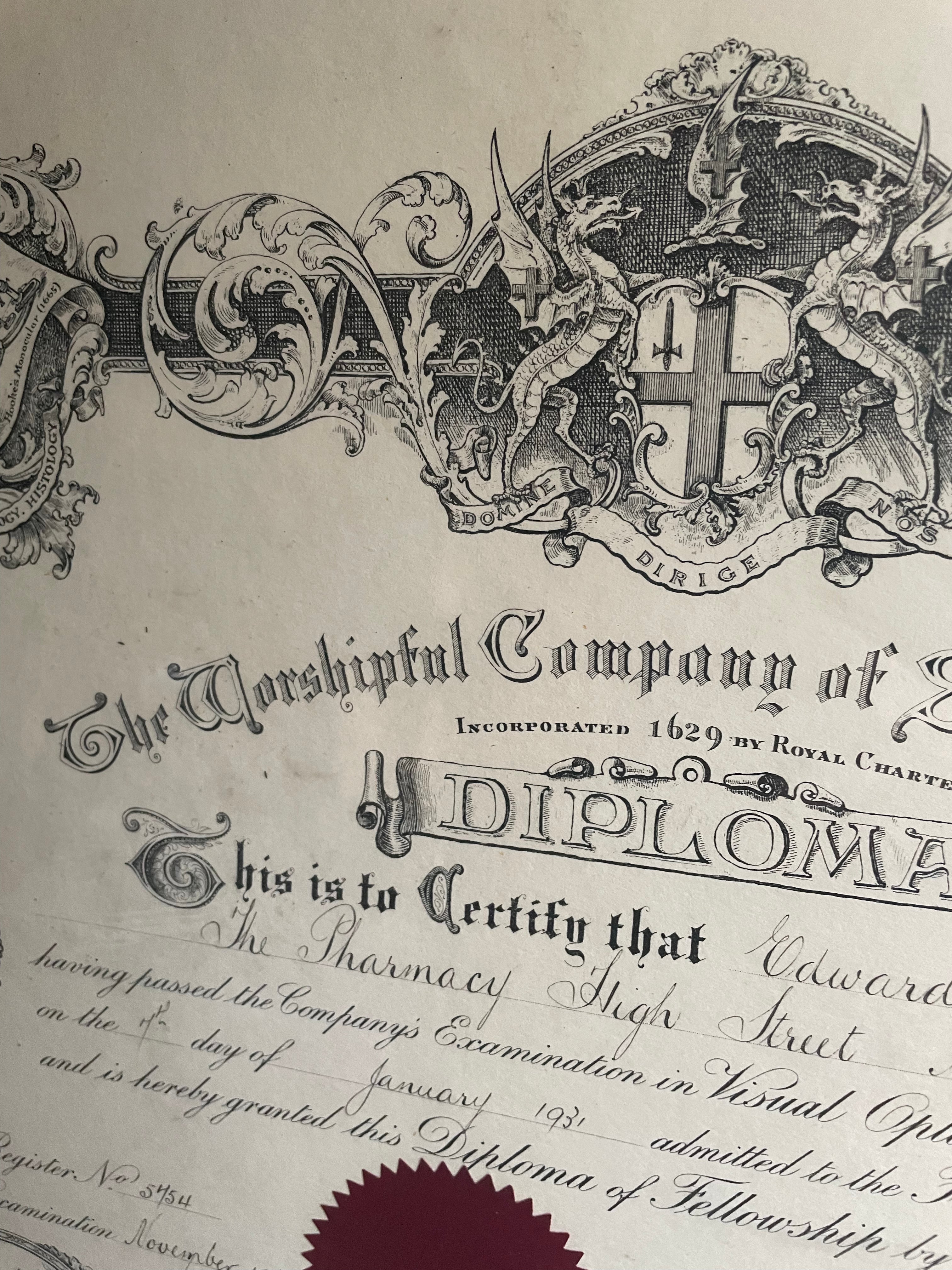 Large Framed 1930s Diploma from “The Worshipful Company of Spectacle Makers”