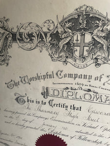 Large Framed 1930s Diploma from “The Worshipful Company of Spectacle Makers”