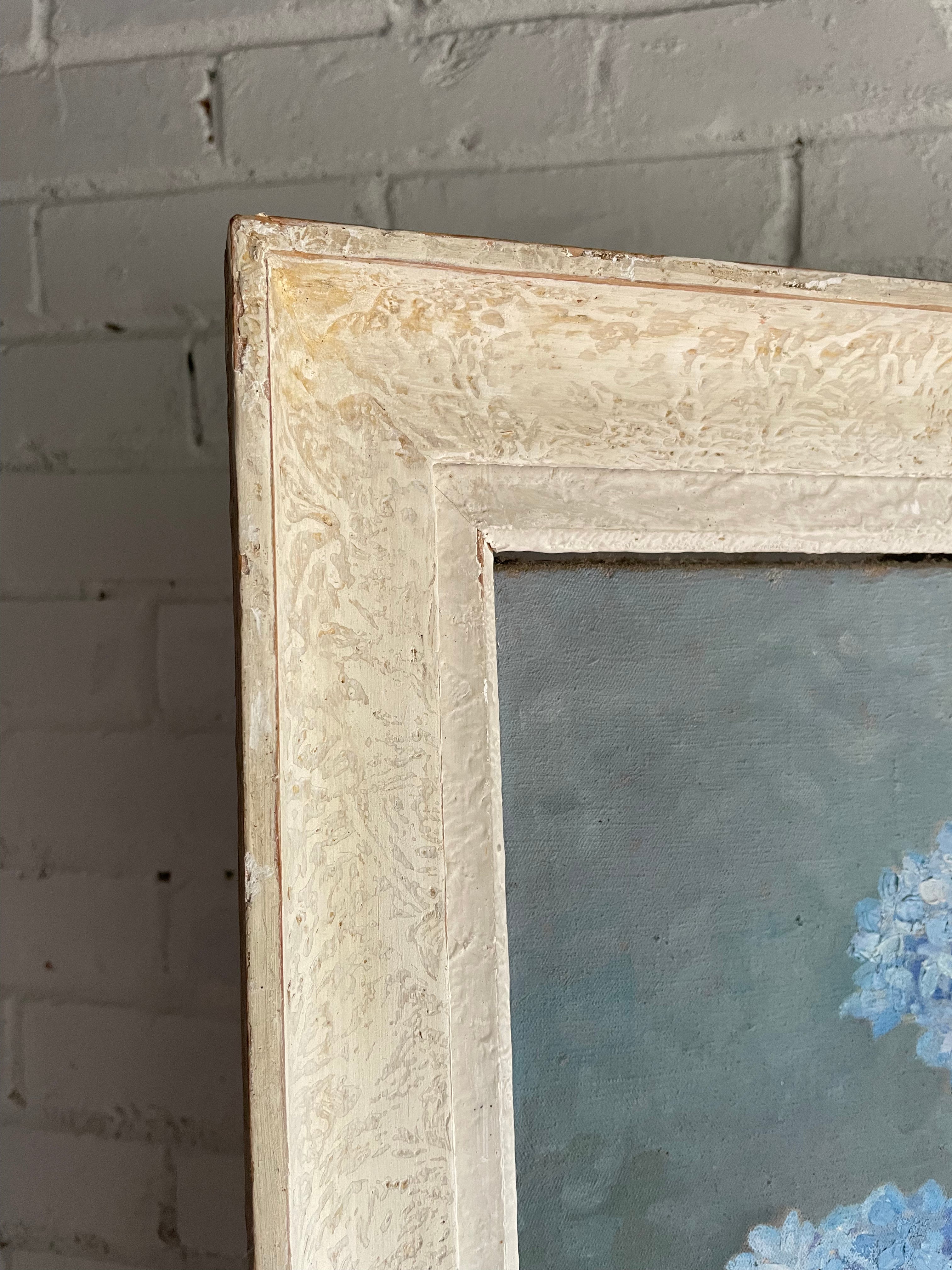 Large Vintage French Oil on Canvas of Hydrangeas with Wooden Frame