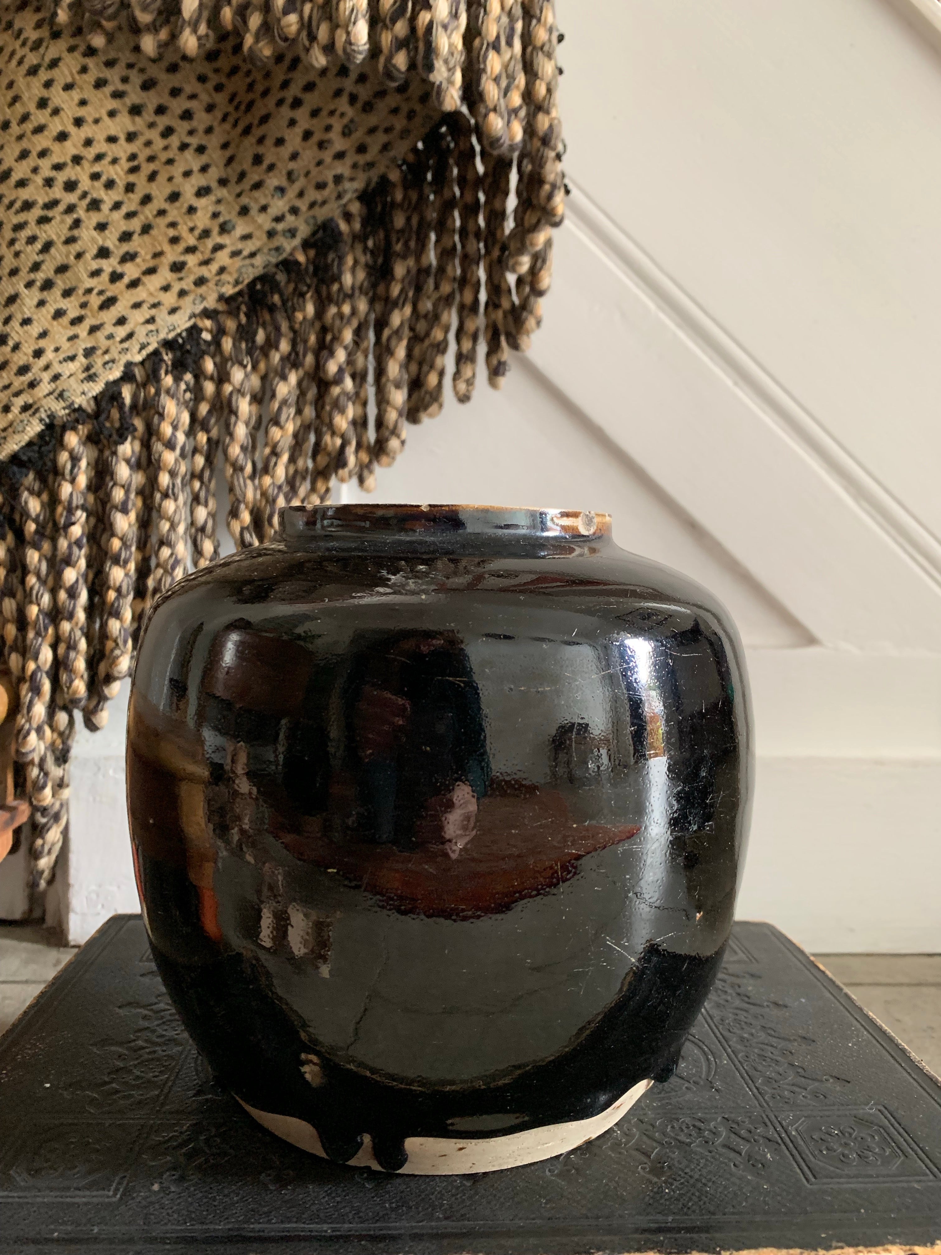 Medium Black Glazed Chinese Pottery Jar
