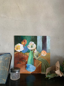 Lady in Milliners Shop: Vintage Oil on Board