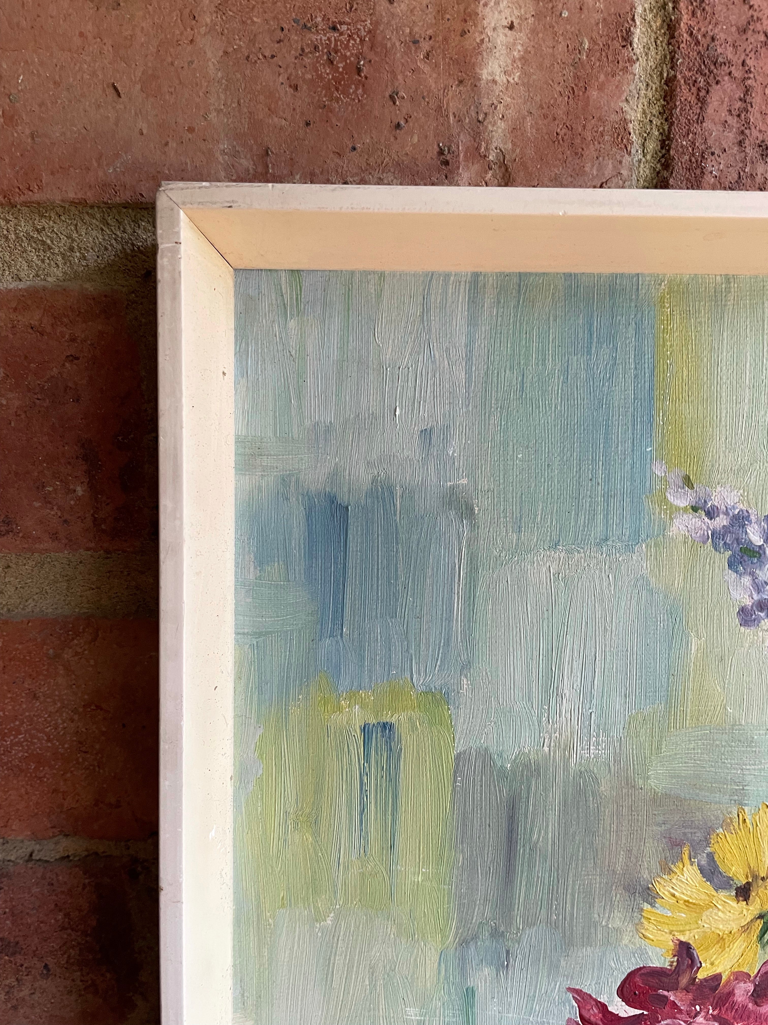 Mid Century Floral Oil on Board with Cream Wood Frame