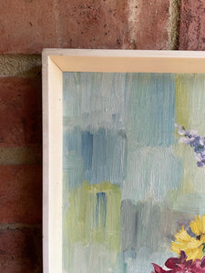 Mid Century Floral Oil on Board with Cream Wood Frame