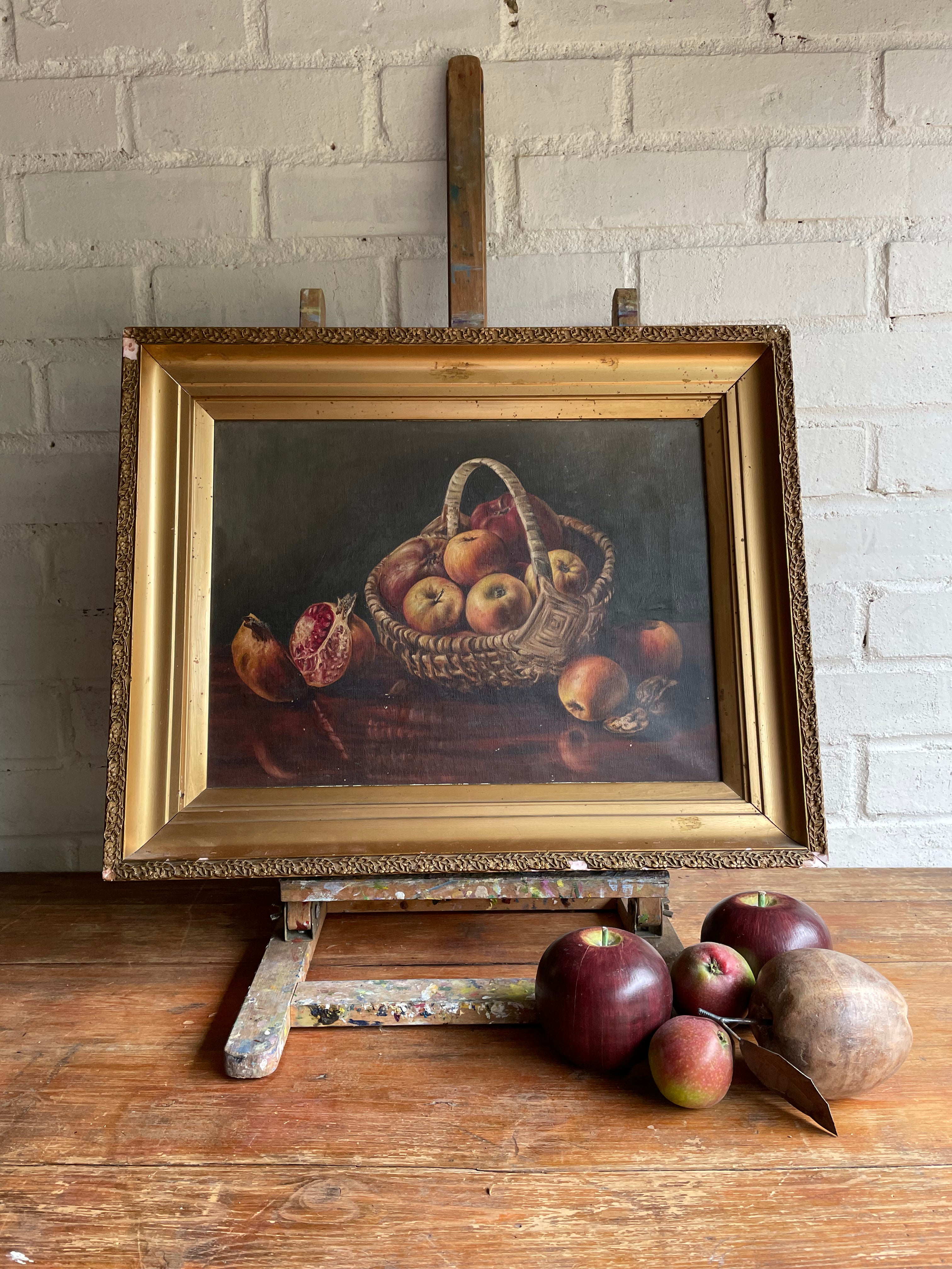 Still Life of Apples and Pomegranates: Oil on Canvas with Gilt Frame